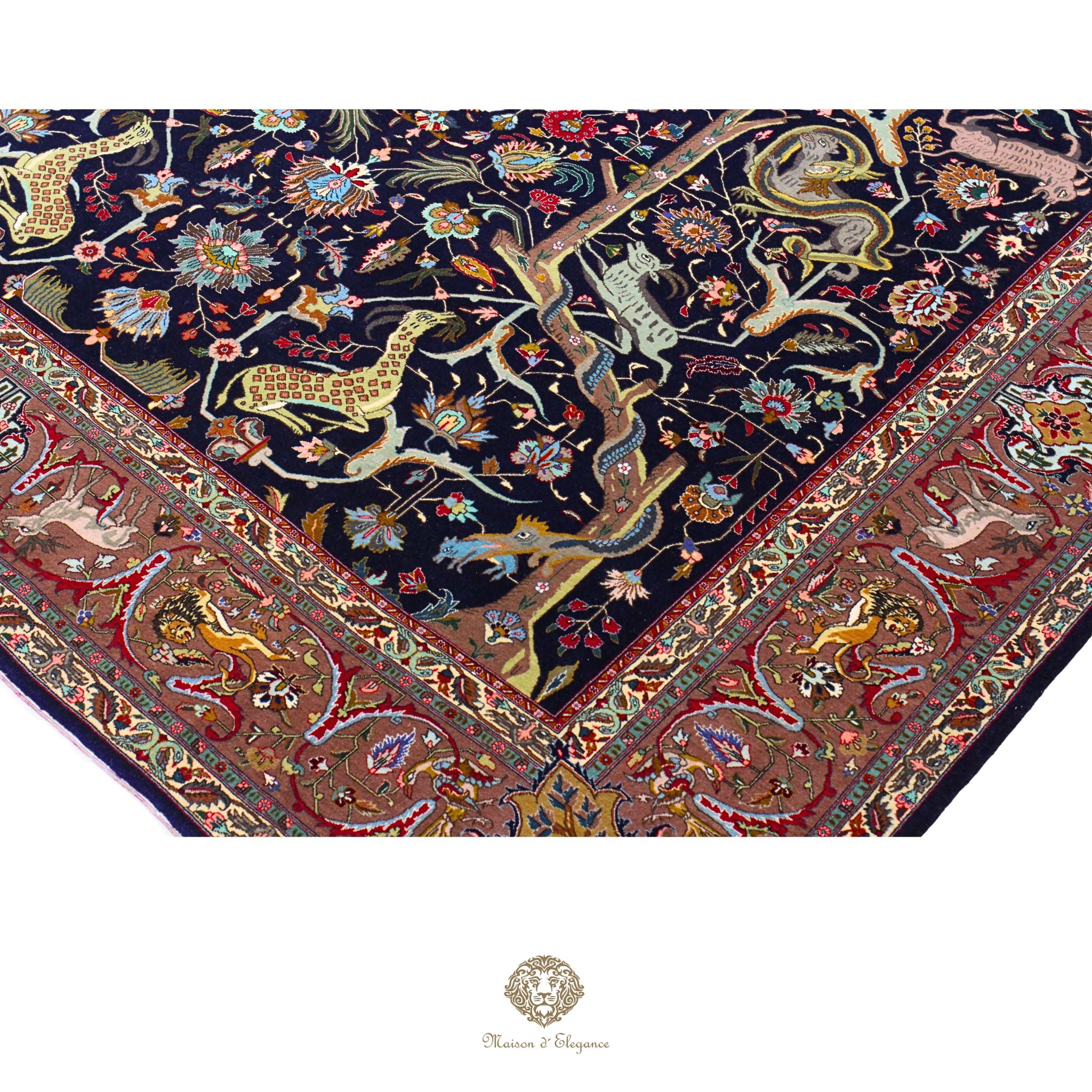 Decorative rug with intricate patterns and colors, featuring a brand logo at the bottom.