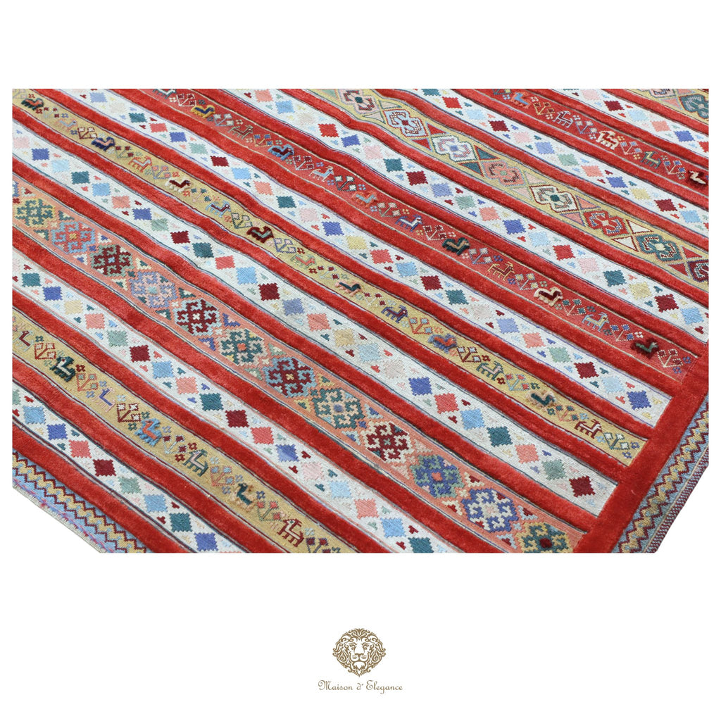 Kilim y alfombra persa Kashkuli de lana con tejido bitécnico | Relieve hecho a mano, color natural, 144 x 200 cm