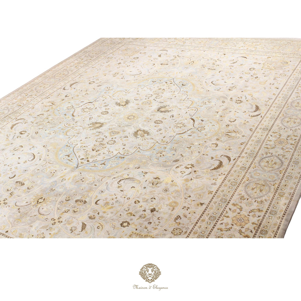 Alfombra de lana estilo Tabriz, color gris superfino con diseño floral de medallón | Elegancia 302x420 cm