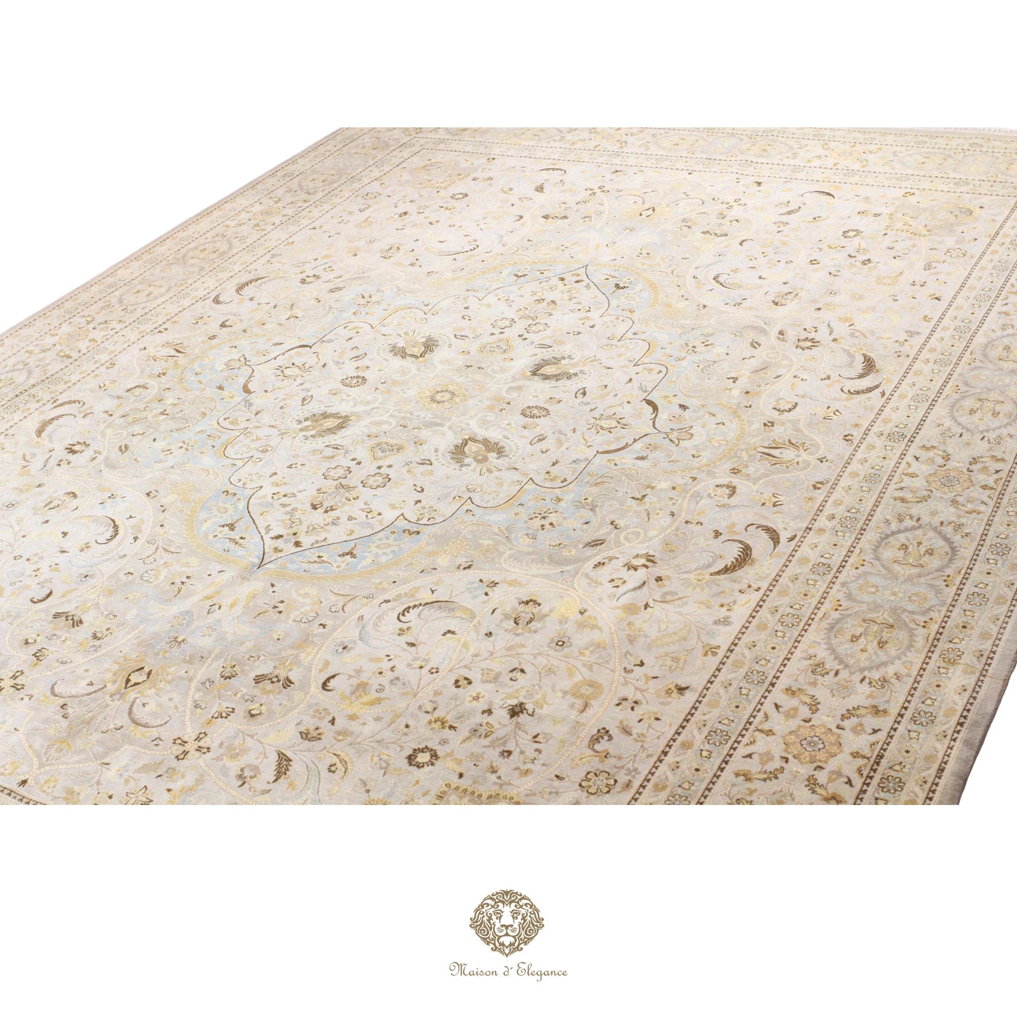 Alfombra de lana estilo Tabriz, color gris superfino con diseño floral de medallón | Elegancia 302x420 cm