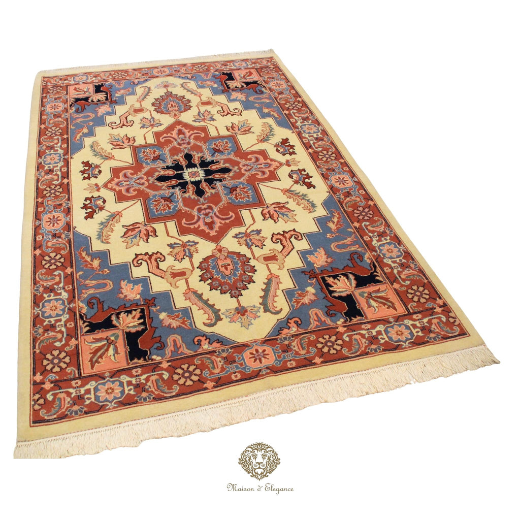Decorative rug with intricate patterns on a Ivory background