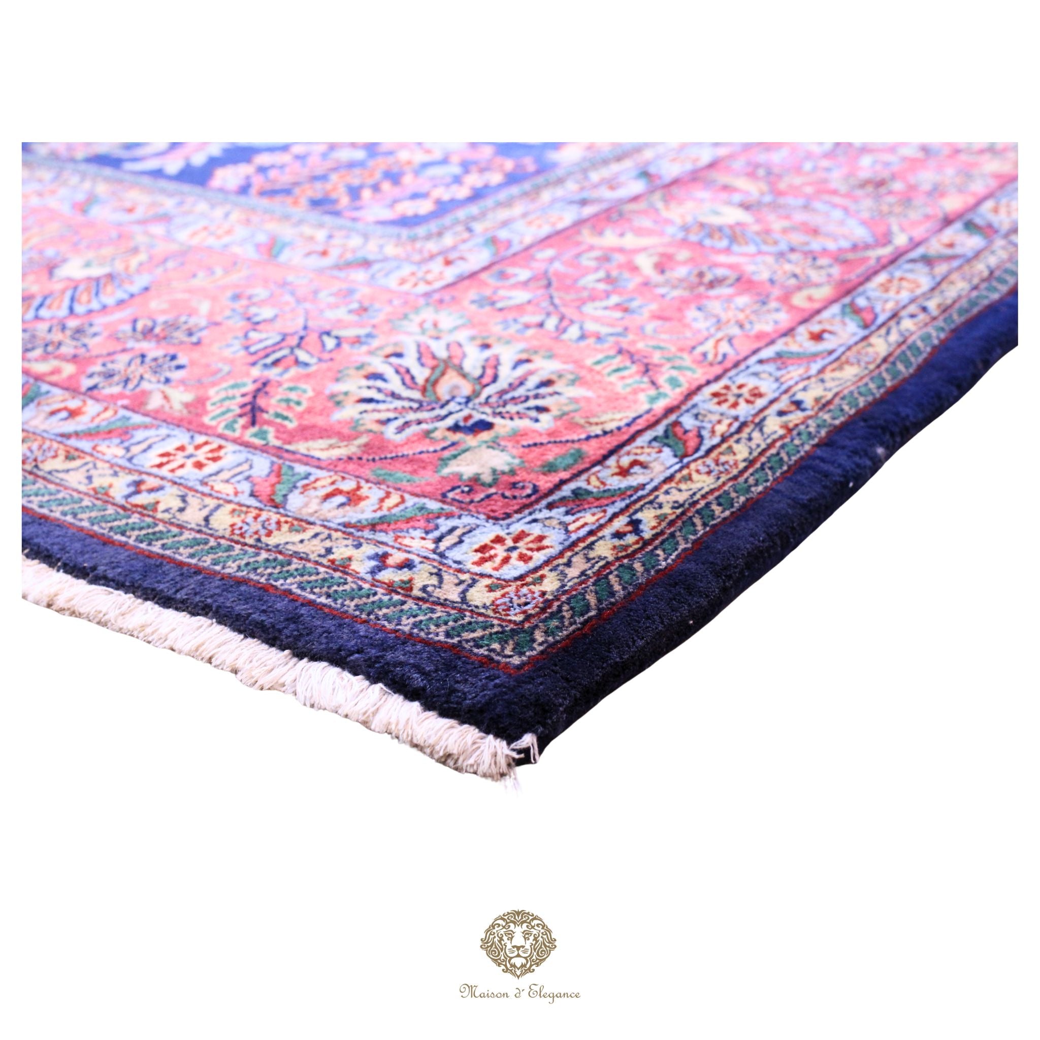 Alfombra de lana estilo KSarough de la India | Alfombra oriental con diseño floral integral en tonos azul marino 238 x 302 cm