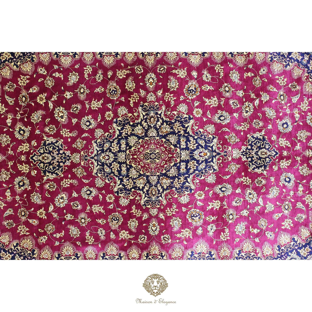 Alfombra persa exclusiva de seda pura, anudada a mano, teñida con tintes naturales, diseño de medallón sobre fondo rojo, obra maestra de alta gama, firmada, 128 x 210 cm.