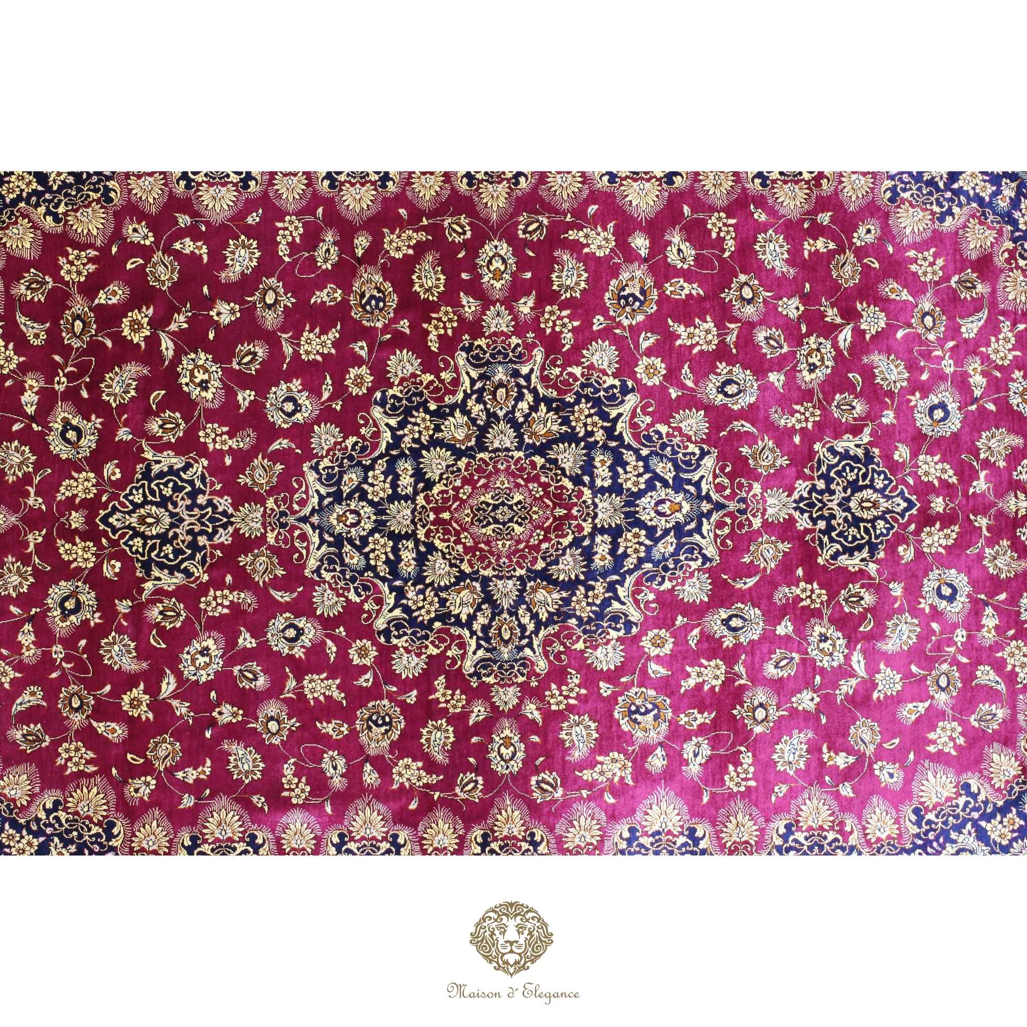 Alfombra persa exclusiva de seda pura, anudada a mano, teñida con tintes naturales, diseño de medallón sobre fondo rojo, obra maestra de alta gama, firmada, 128 x 210 cm.
