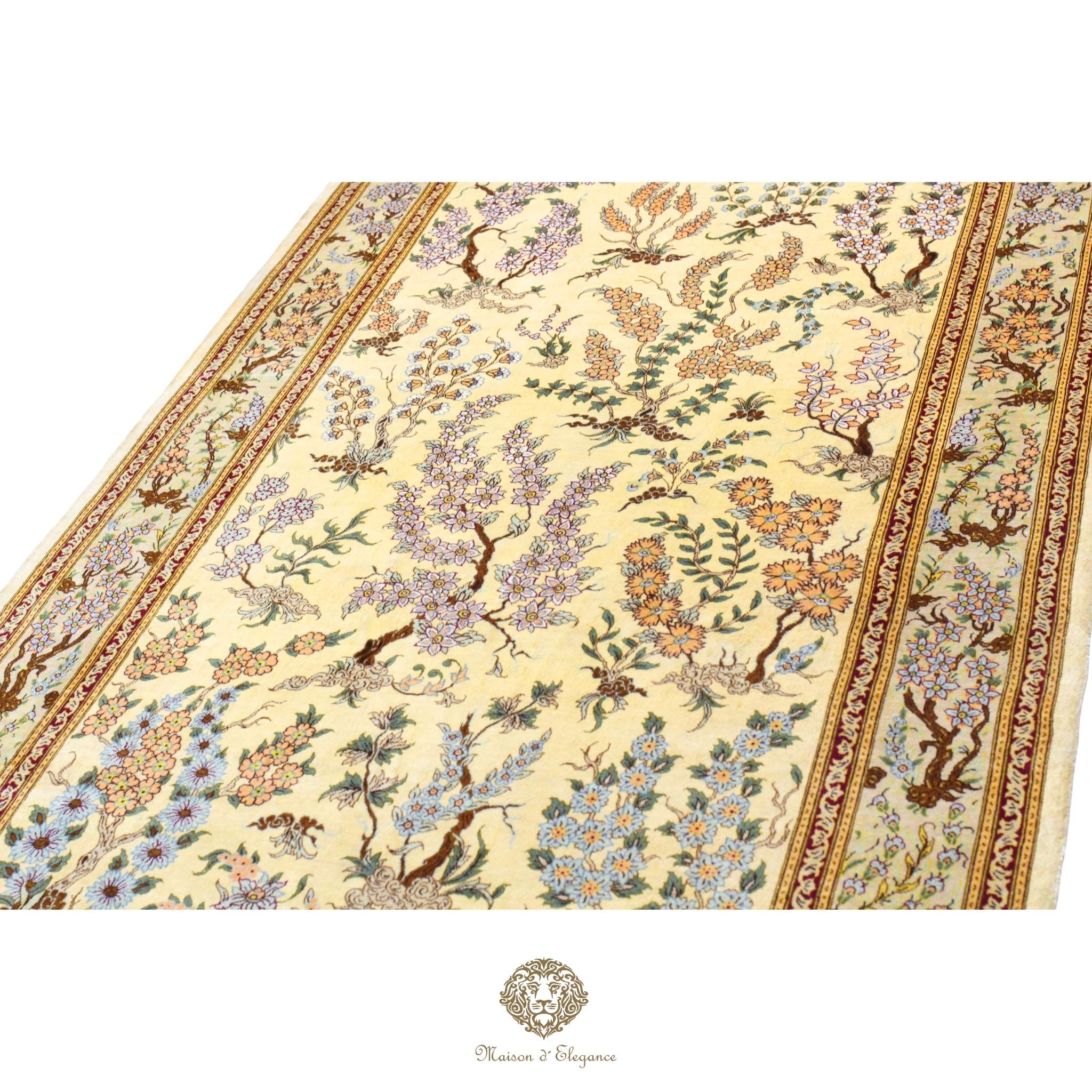 Alfombra persa de seda pura, anudada a mano, teñida con tintes naturales, | obra maestra con diseño floral integral, firmada, 101 x 152 cm