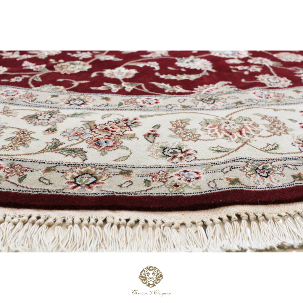 Decorative rug with intricate patterns and fringes on a red background