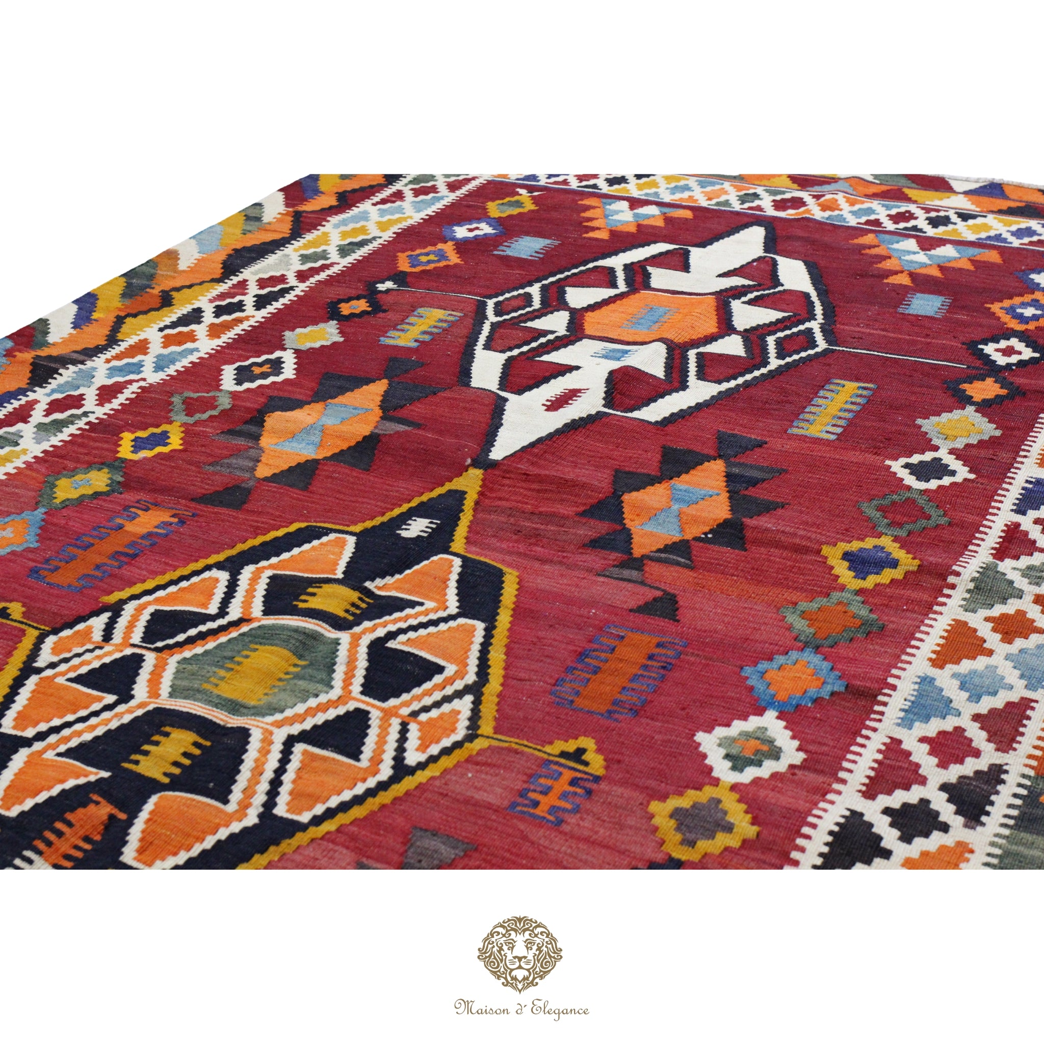 Alfombra Kilim Persa Qashqai Antigua Lana Natural Diseño Geométrico 159x225 cm
