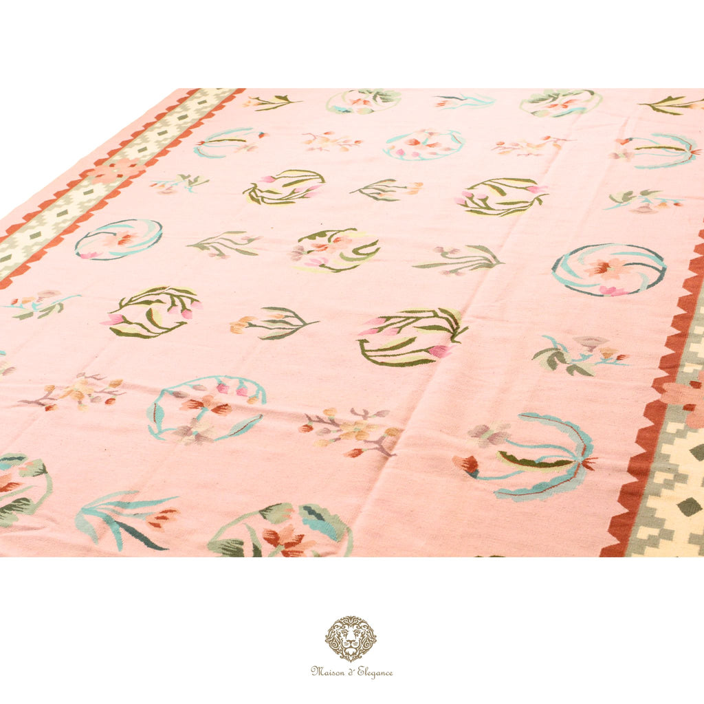 Alfombra Kilim fina, tejido plano, lana color natural | Diseño floral europeo, 274x365 cm Rosa