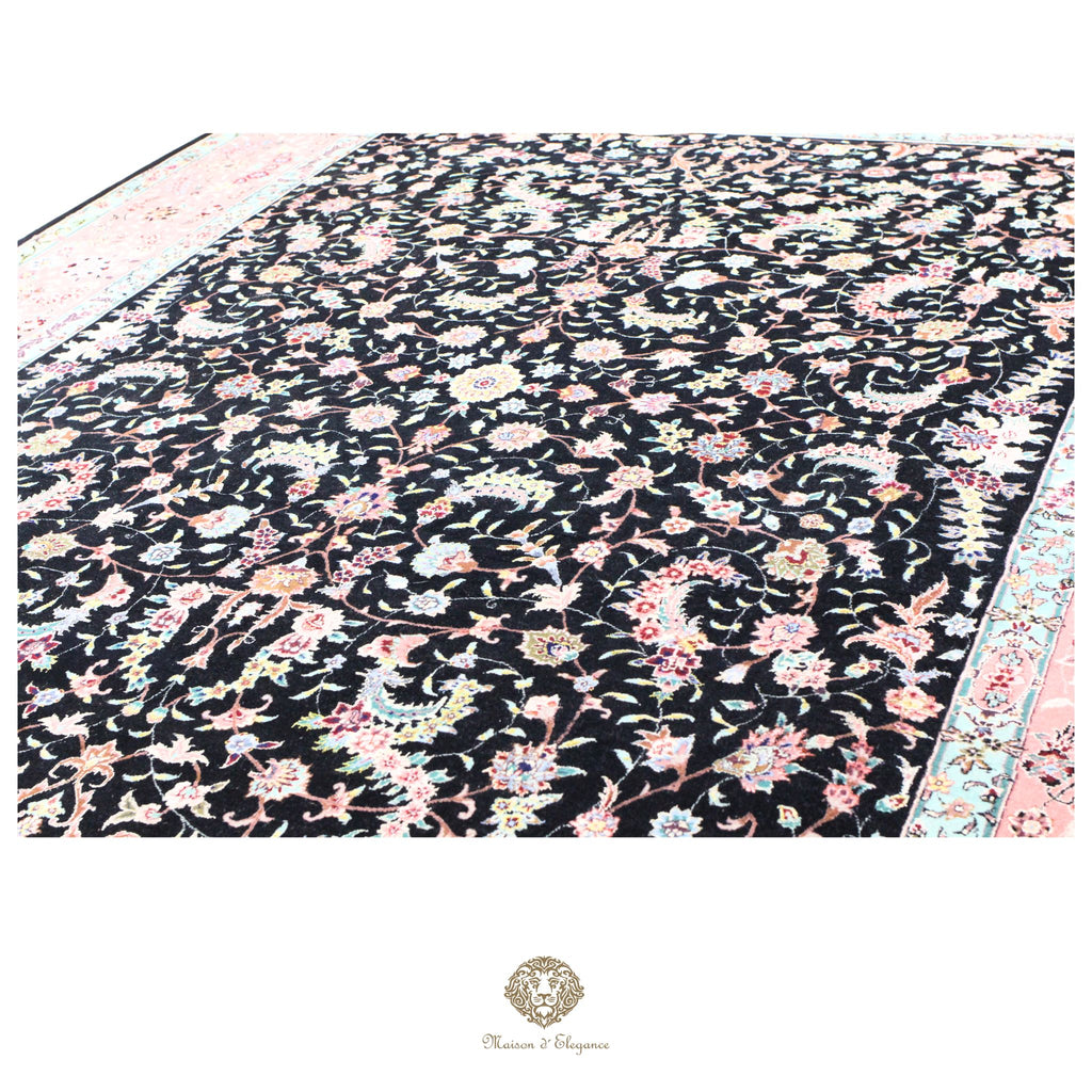 Alfombra de lana estilo Tabriz, superfina color negro marfil con diseño floral | Elegancia 243x330 cm