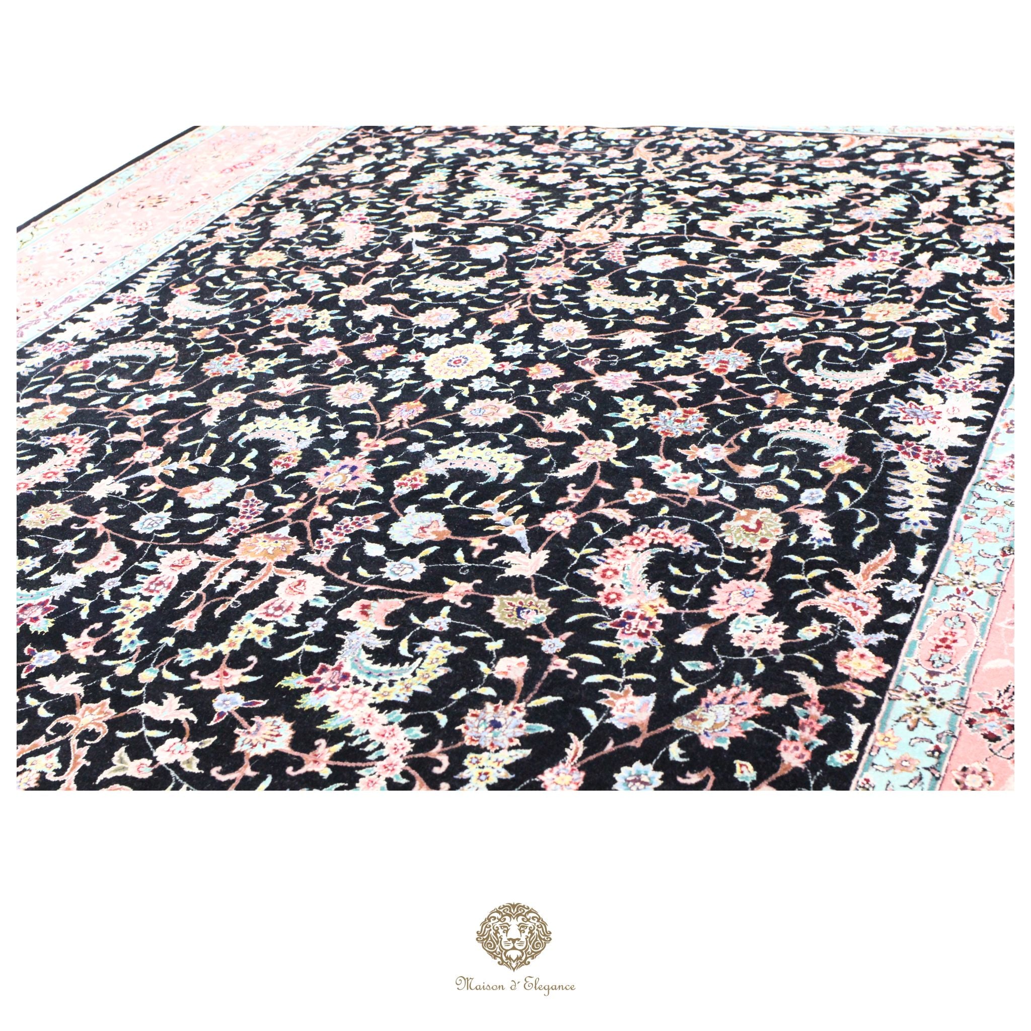 Alfombra de lana estilo Tabriz, superfina color negro marfil con diseño floral | Elegancia 243x330 cm