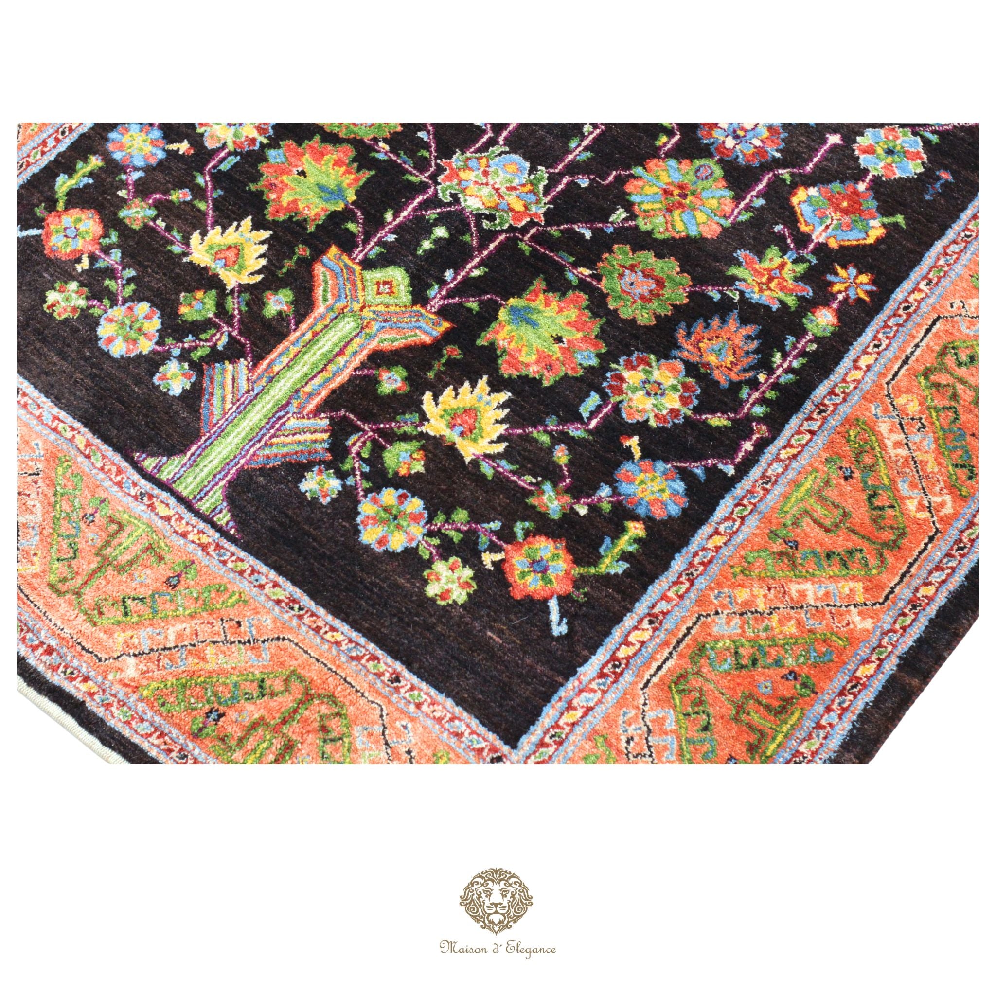 Alfombra persa exclusiva Kashkuli con diseño floral y tintes naturales | Lana Loribaft hecha a mano, 124 x 290 cm