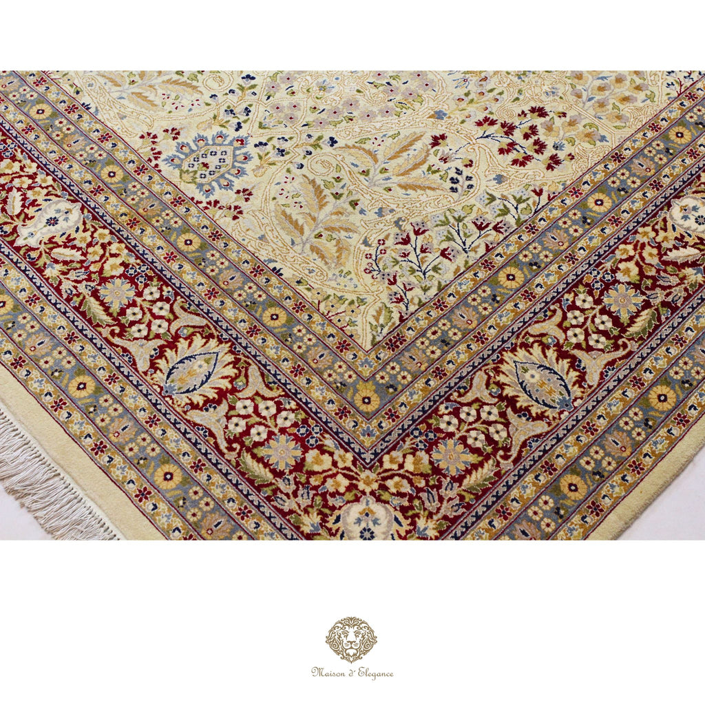Alfombra de lana estilo Tabriz, superfina color verde marfil con diseño floral | Elegancia 278 x 304 cm