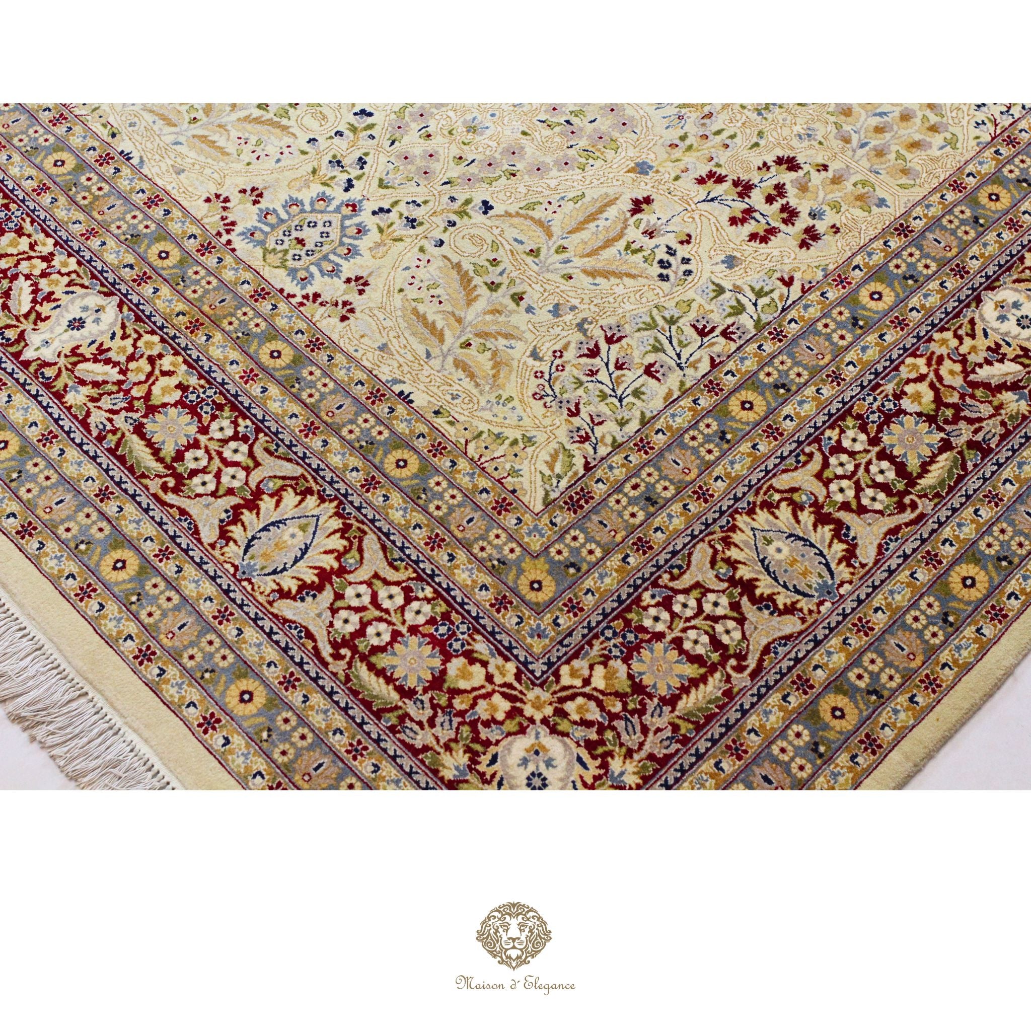 Alfombra de lana estilo Tabriz, superfina color verde marfil con diseño floral | Elegancia 278 x 304 cm