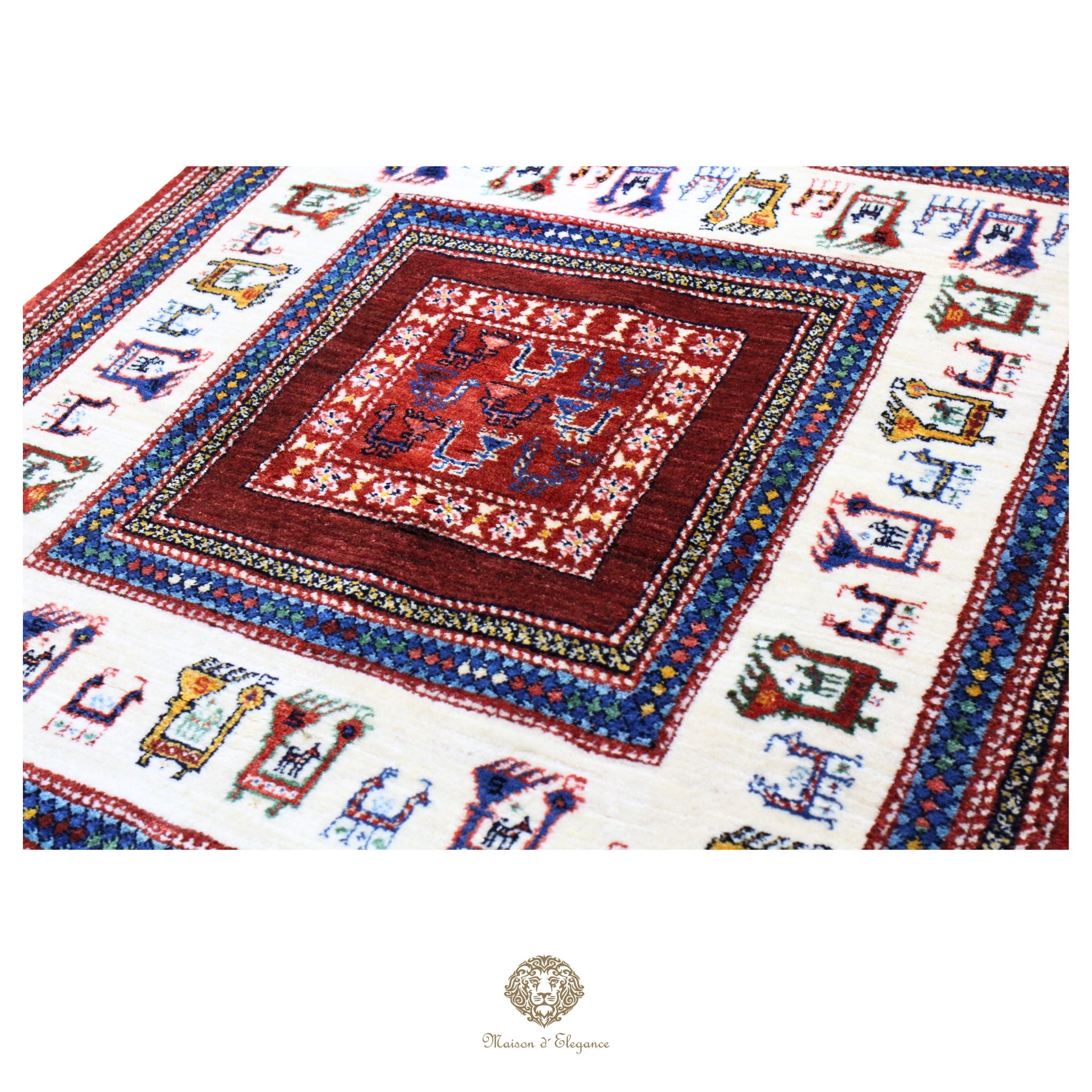 Alfombra Loribaft rojo persa Artesano nómada | Lana Artesanal diseño de animales 102x108 cm