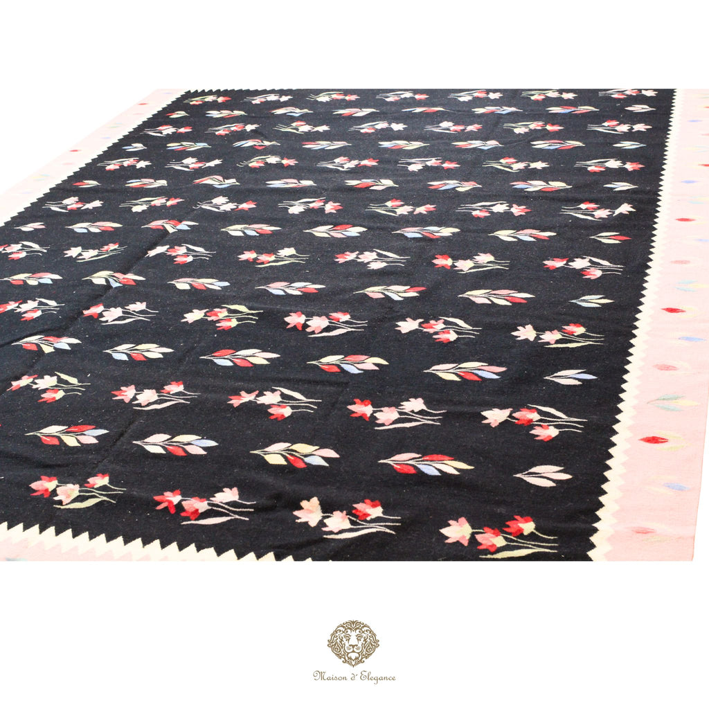 Alfombra Kilim fina, tejido plano, lana color natural | Diseño floral europeo, 265 x 372 cm