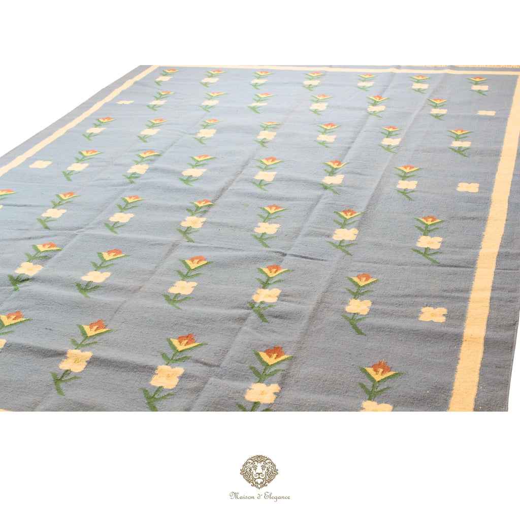 Alfombra Kilim fina, tejido plano, lana color natural | Diseño floral europeo, 252x365 cm