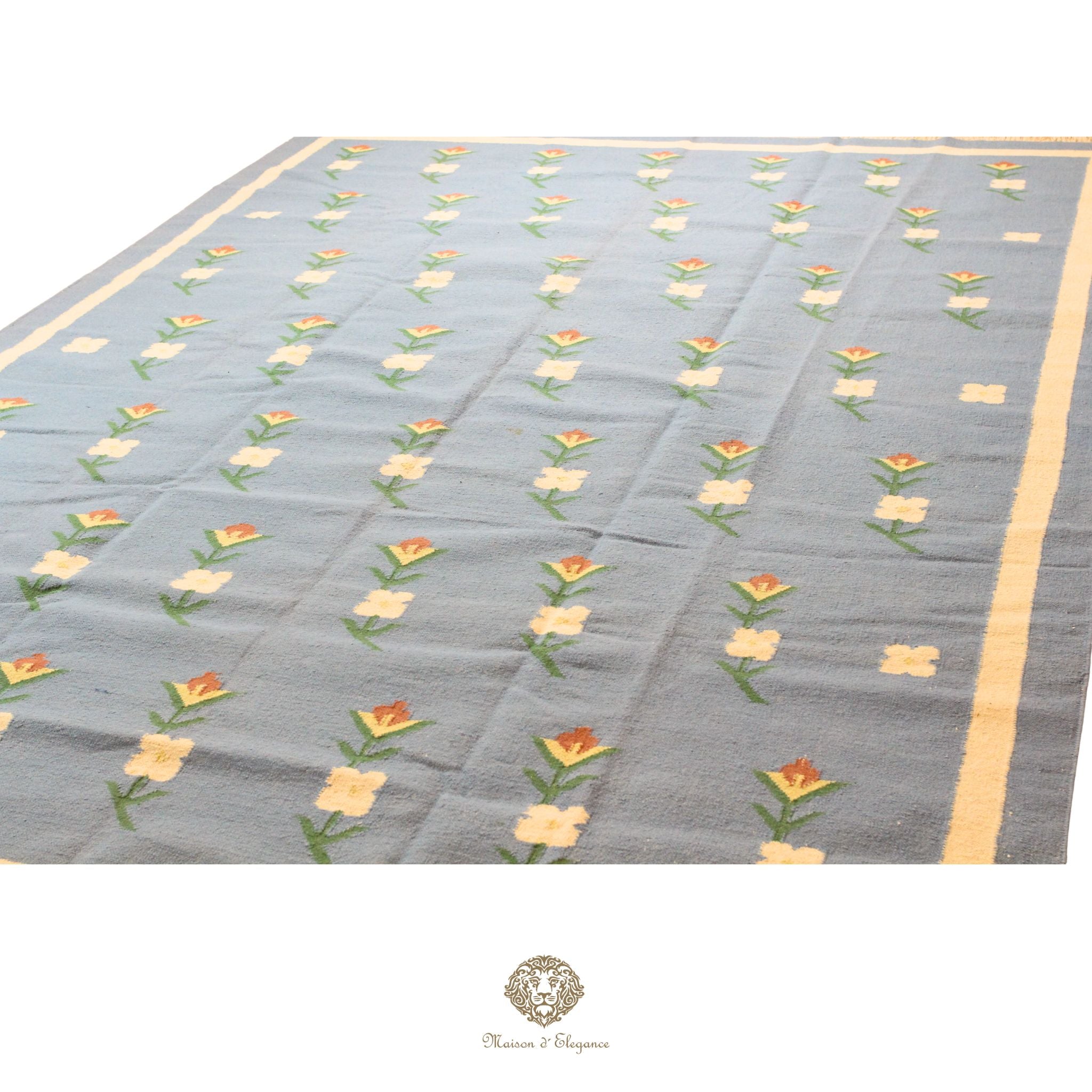 Alfombra Kilim fina, tejido plano, lana color natural | Diseño floral europeo, 252x365 cm