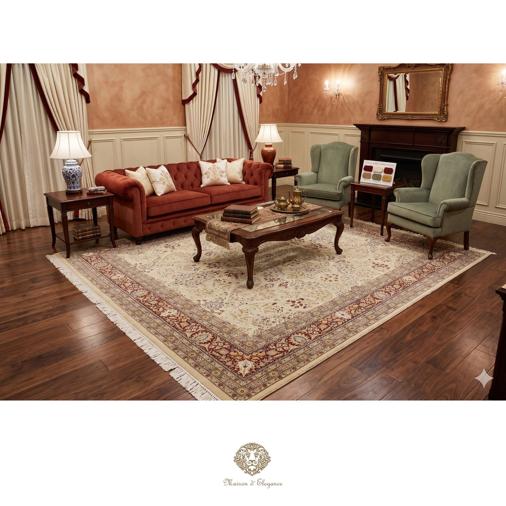 Living room with red sofa, green armchairs, and wooden coffee table on a patterned rug.