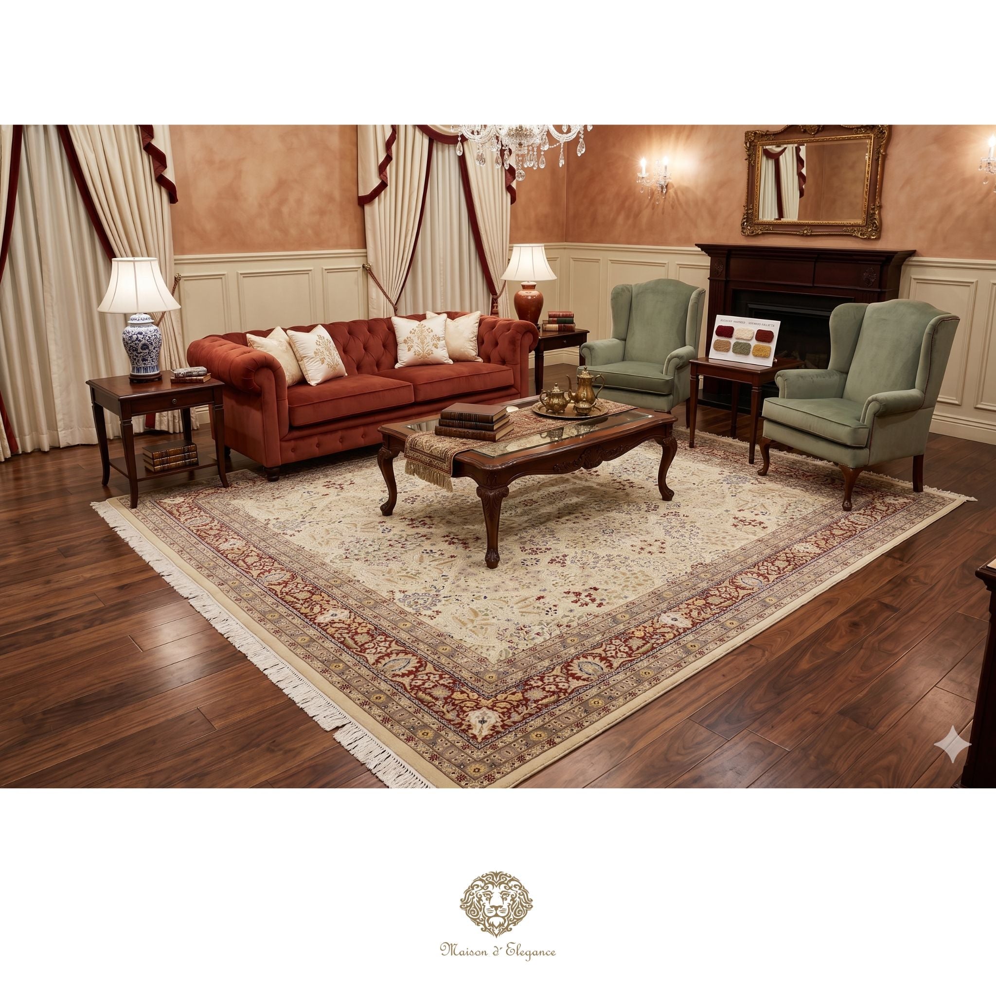 Living room with red sofa, green armchairs, and wooden coffee table on a patterned rug.
