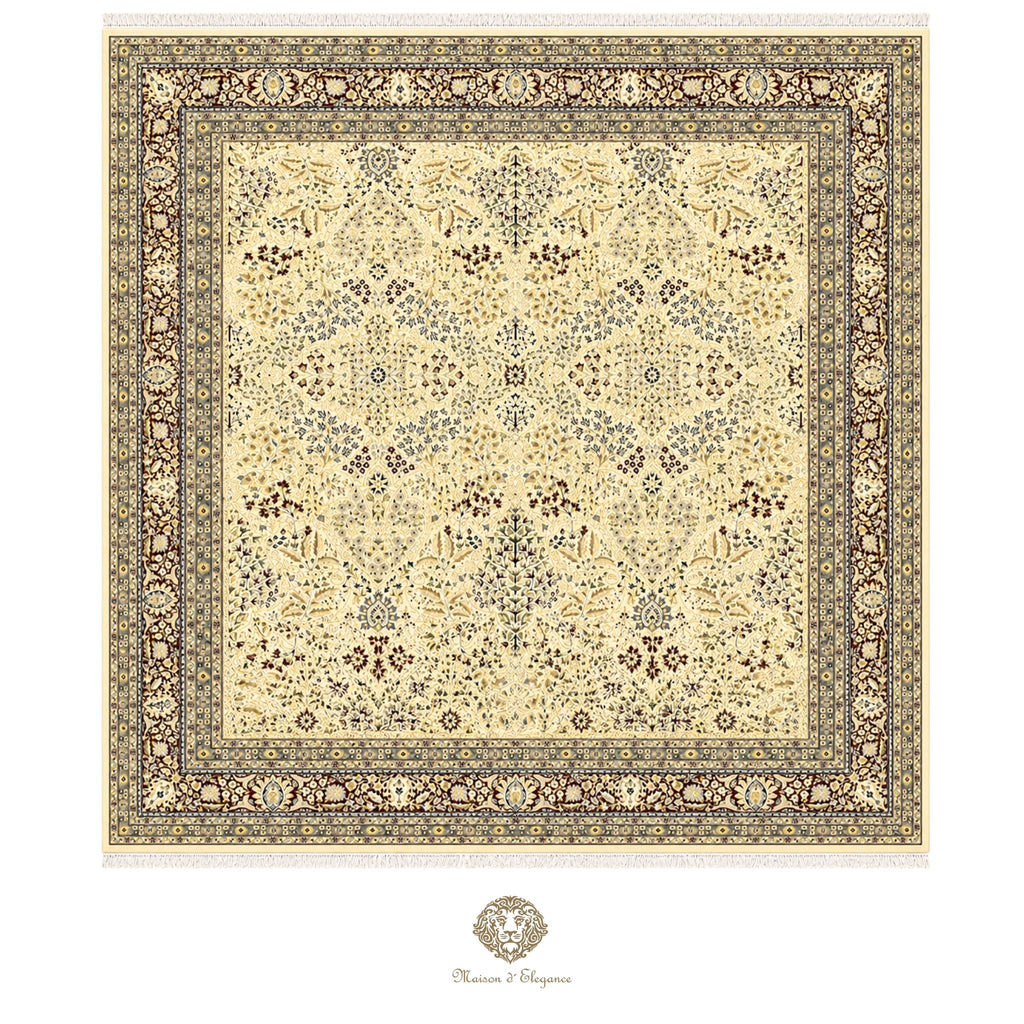 Decorative rug with intricate patterns on a gold background