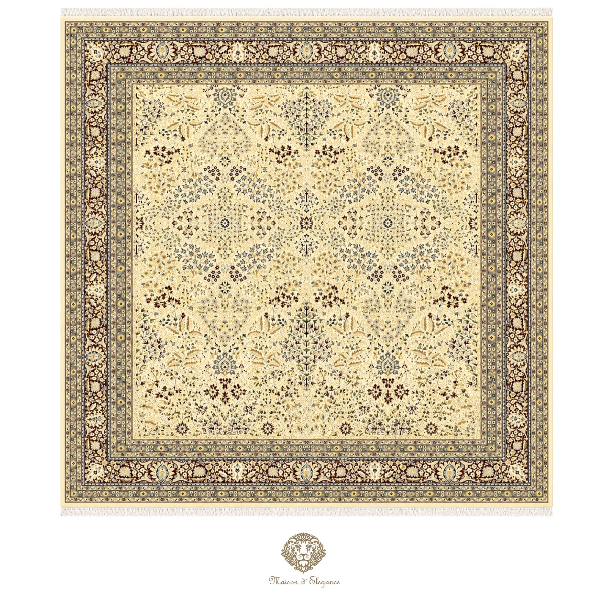 Decorative rug with intricate patterns on a gold background