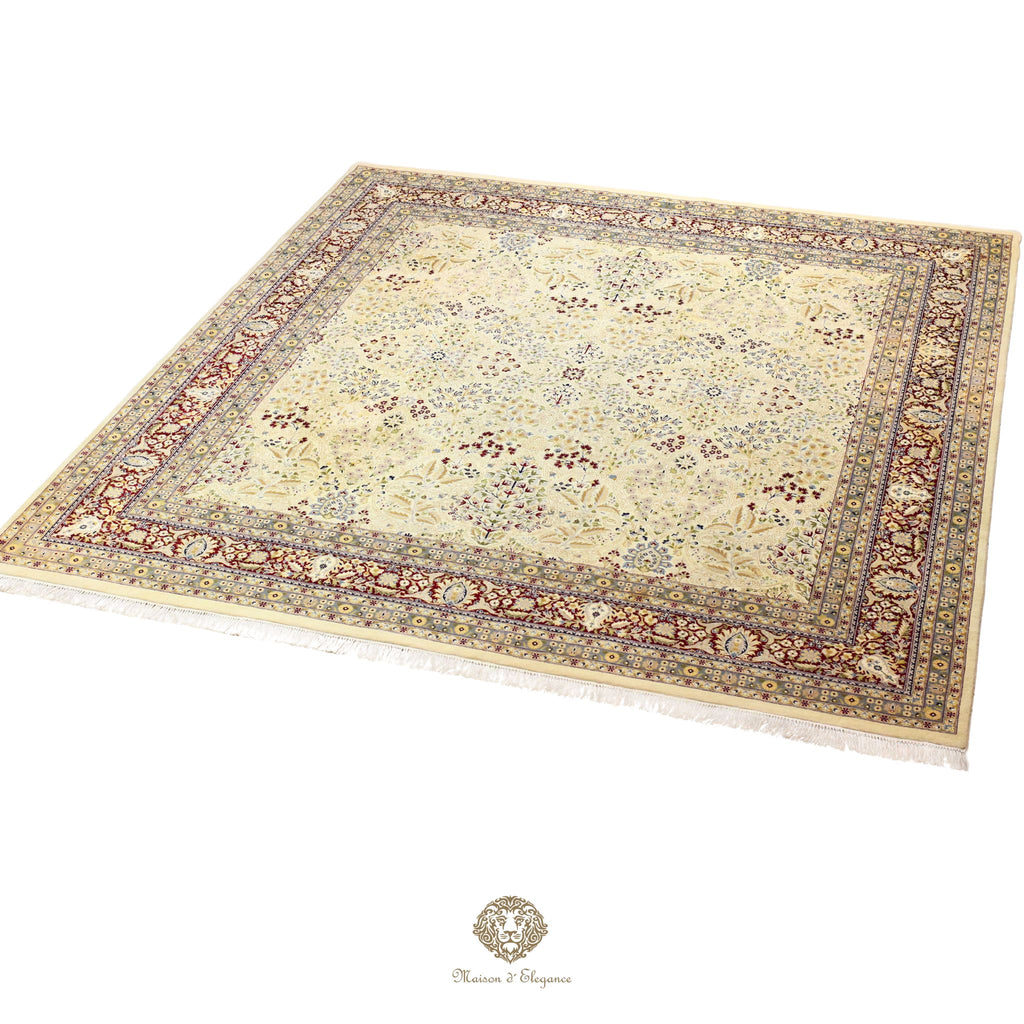 Decorative rug with intricate patterns on a gold background