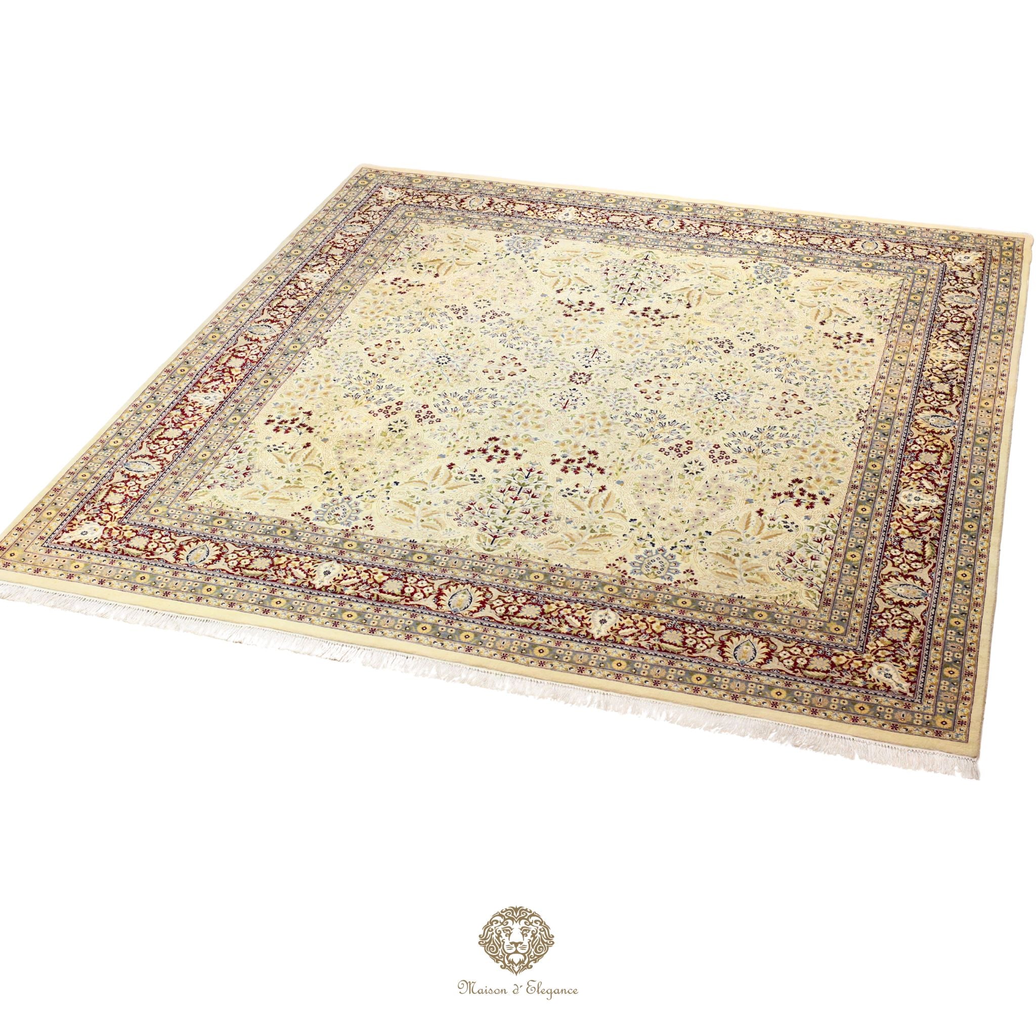 Decorative rug with intricate patterns on a gold background