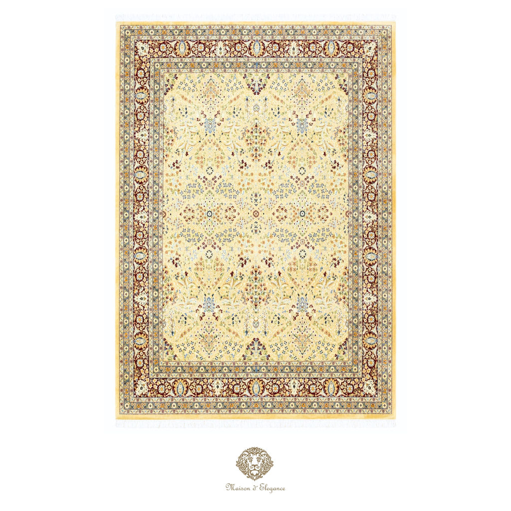 Decorative rug with intricate patterns on a ivory background