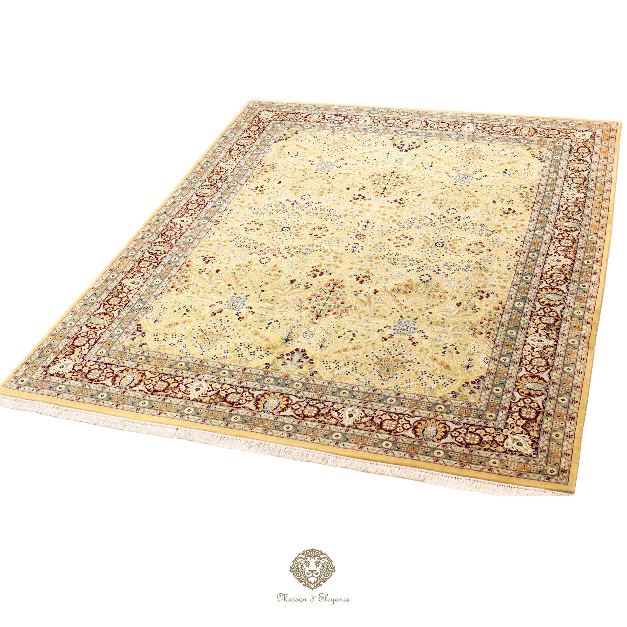 Decorative rug with intricate patterns on a white background