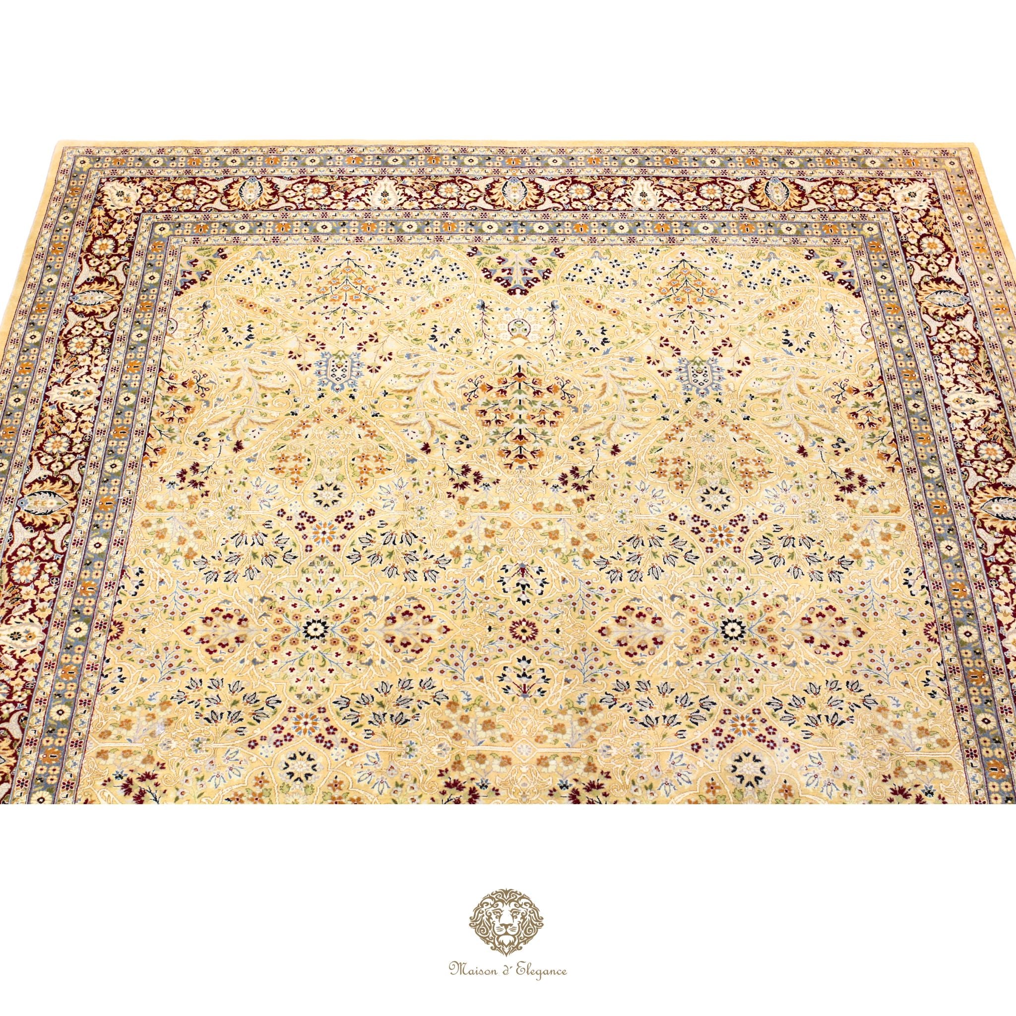 Decorative rug with intricate patterns on a ivory background