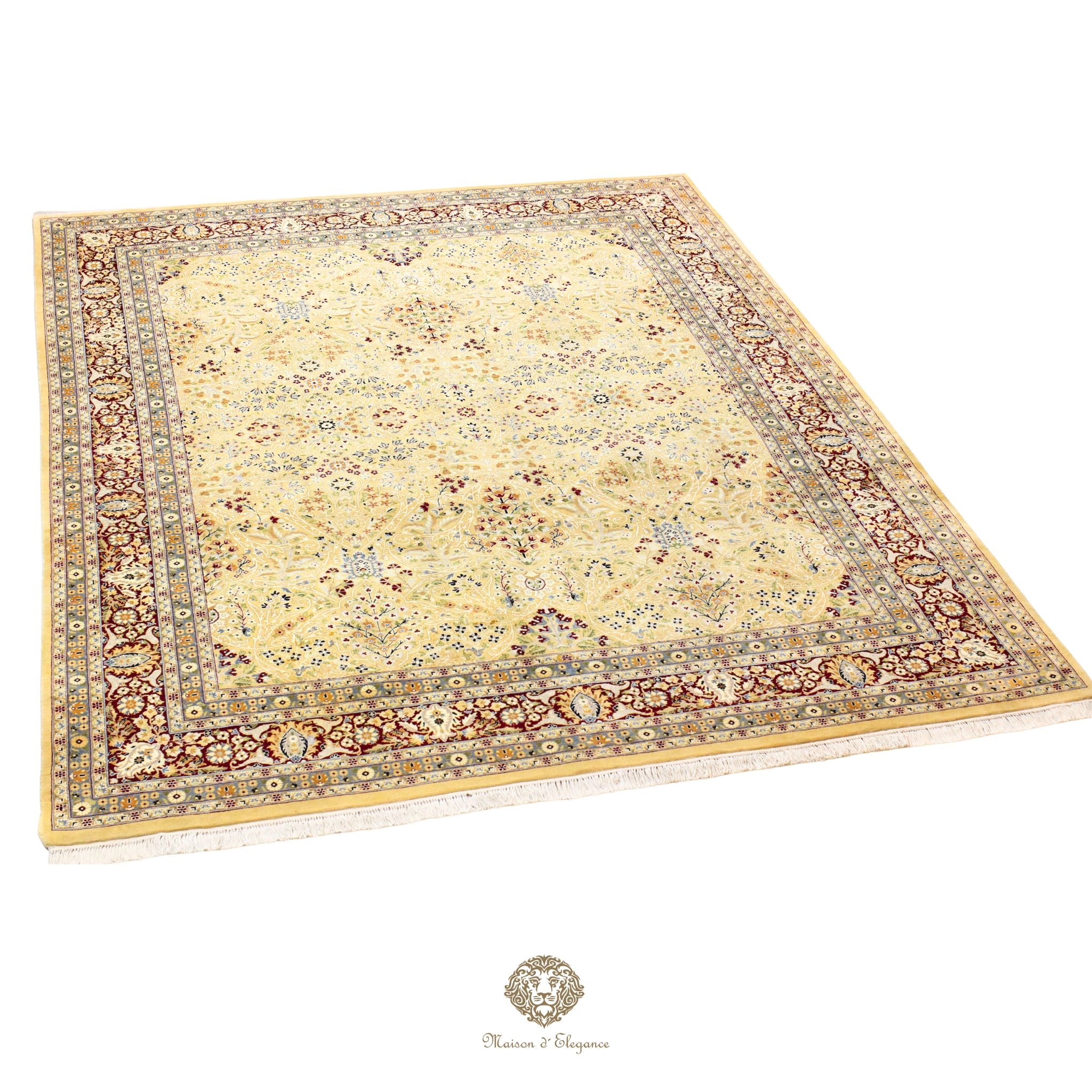 Decorative rug with intricate patterns on a ivory background