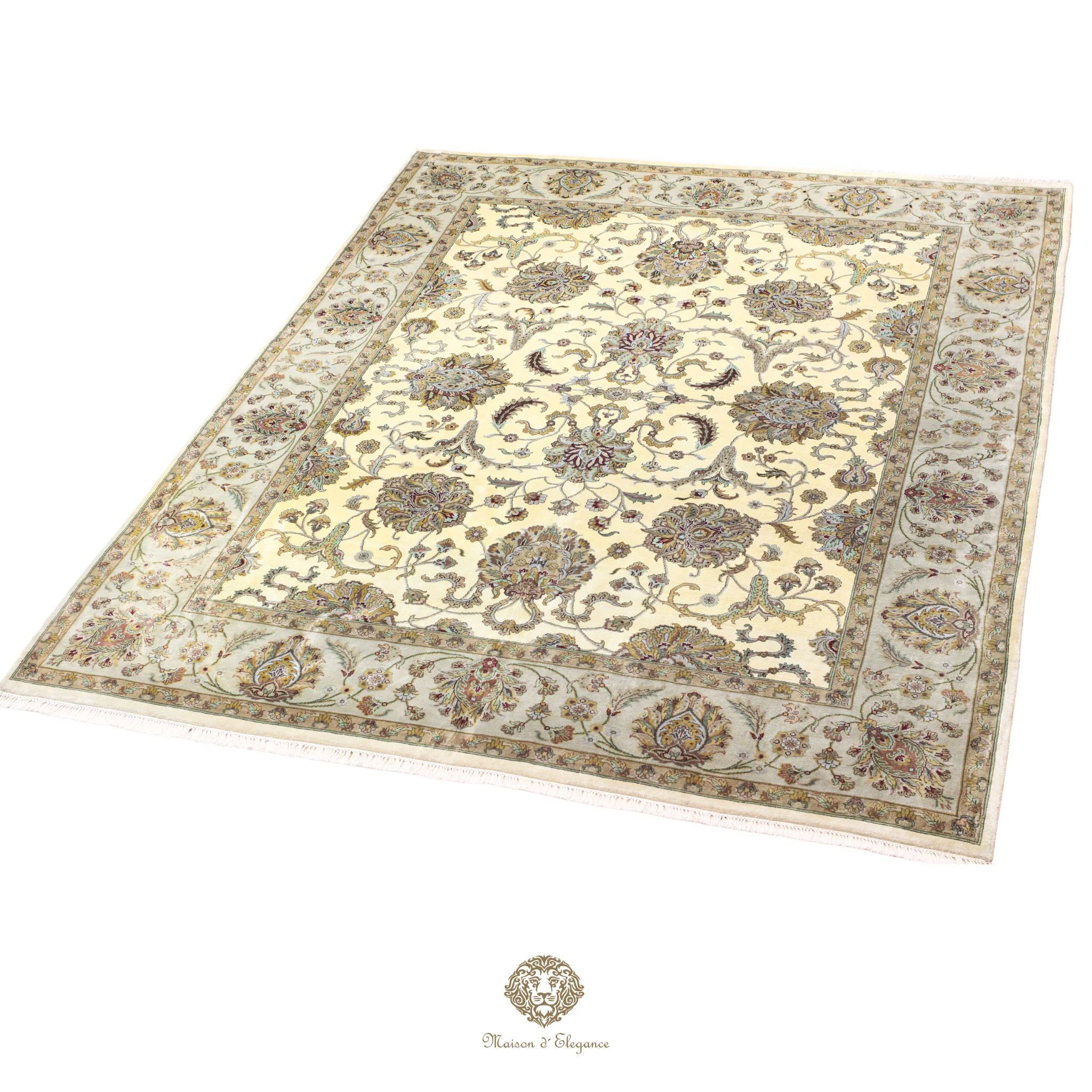 Decorative rug with intricate patterns on a ivory background