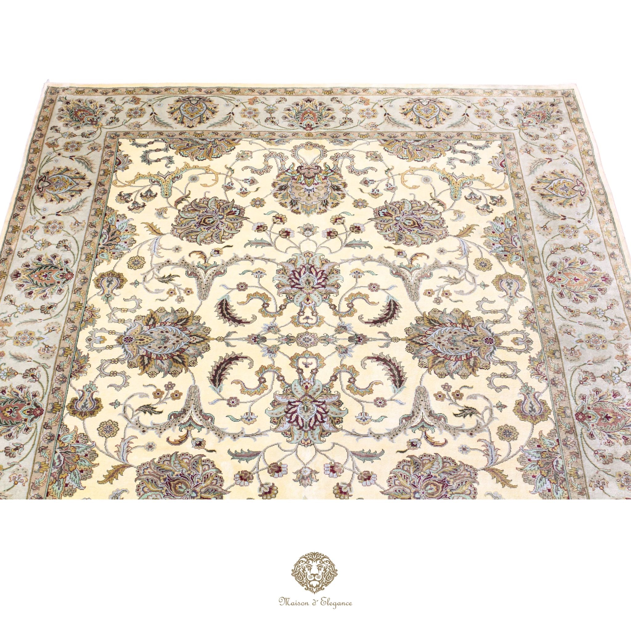 Decorative rug with intricate patterns on a ivory background
