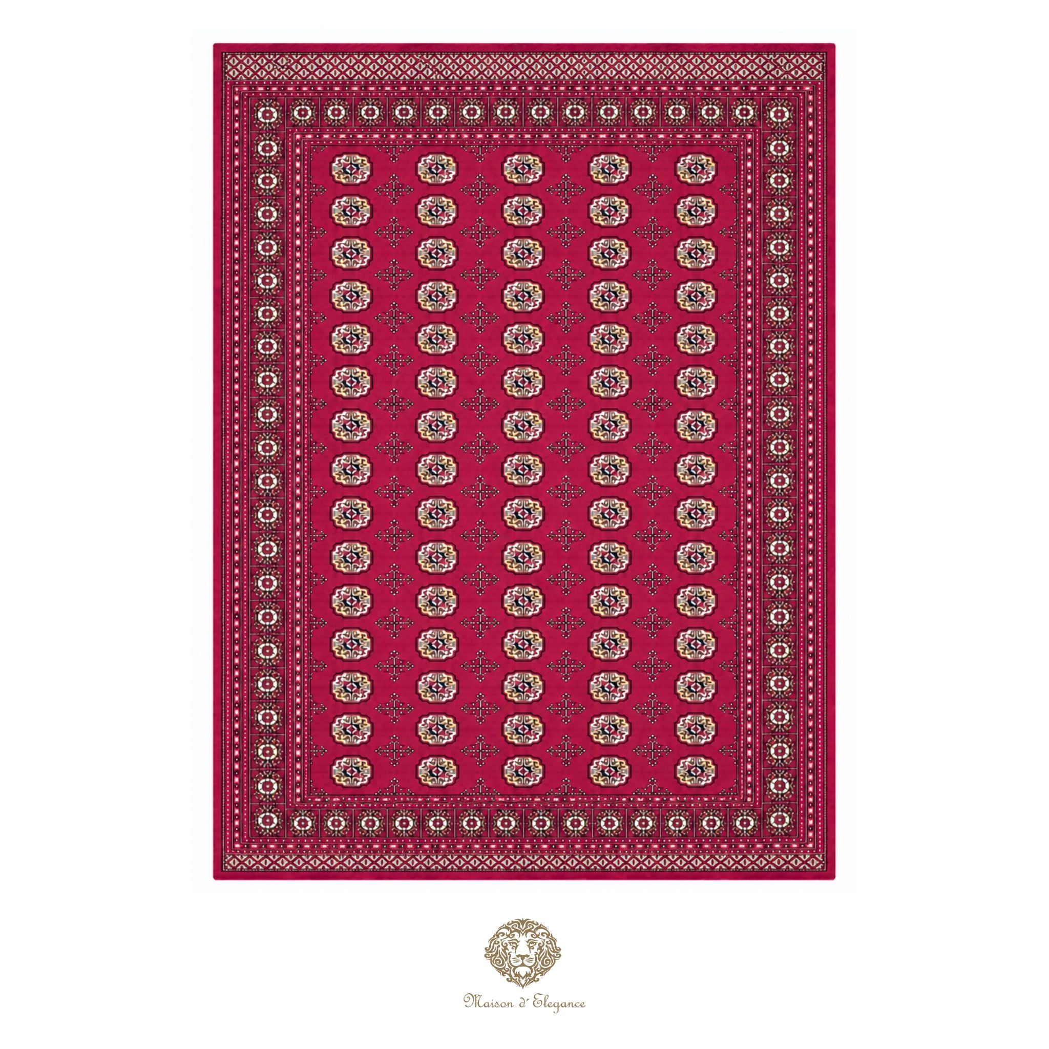 Red patterned rug with intricate design on a red background