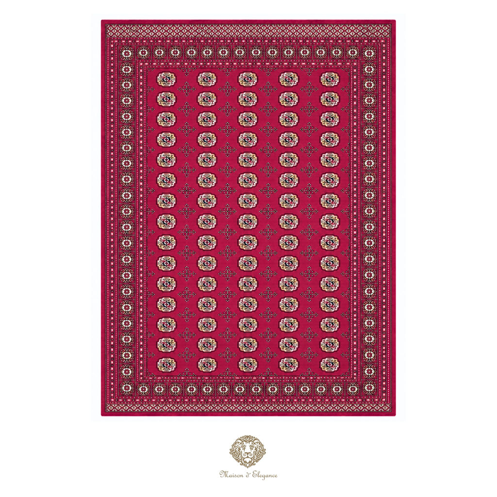 Red patterned rug with a decorative border on a red background
