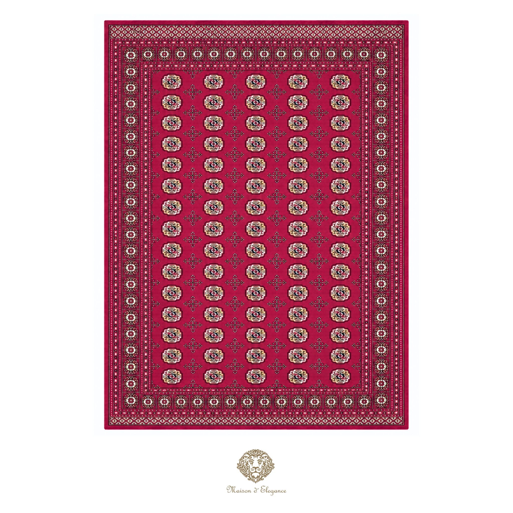 Red patterned rug with a decorative border on a red background