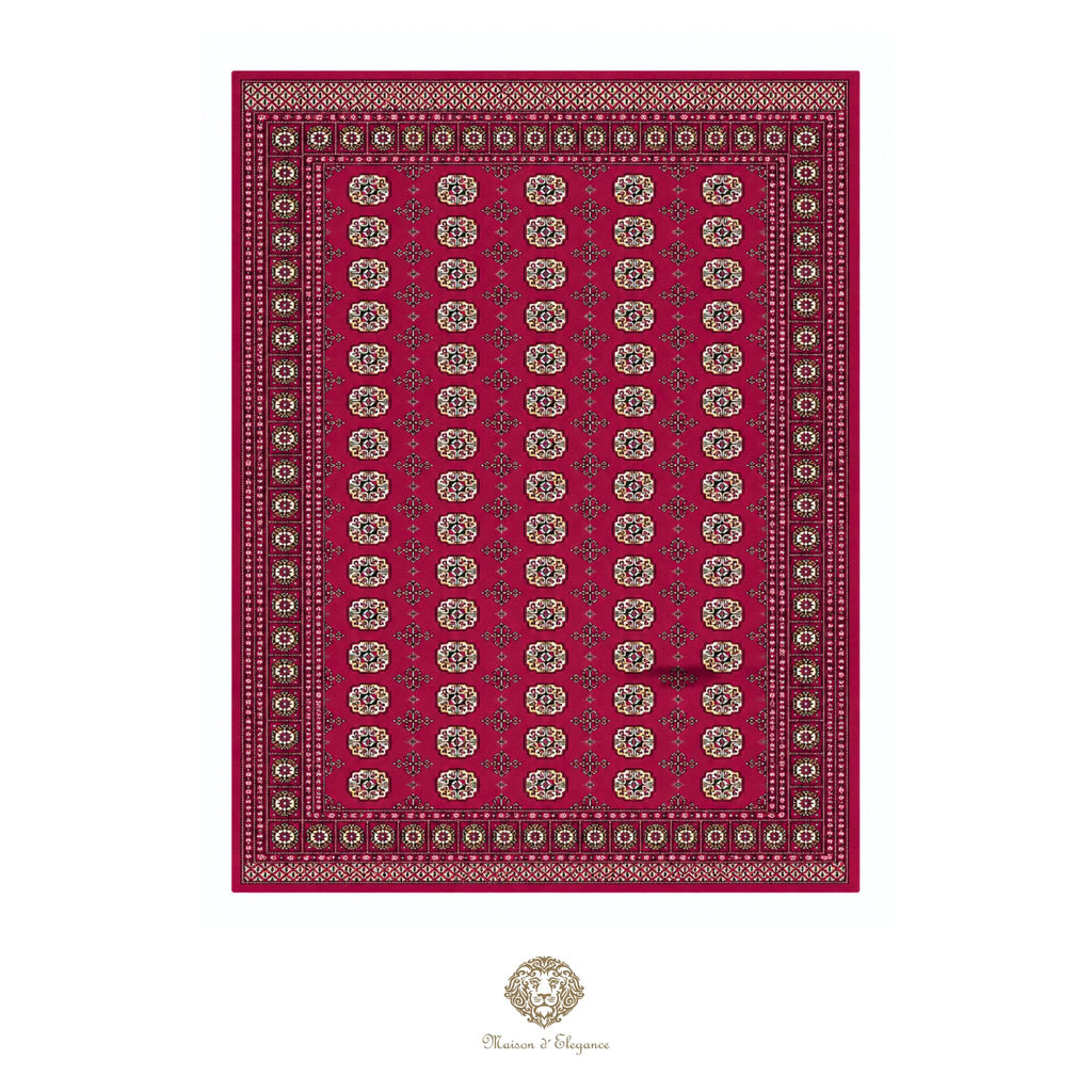 Red patterned rug with gold accents on a red background