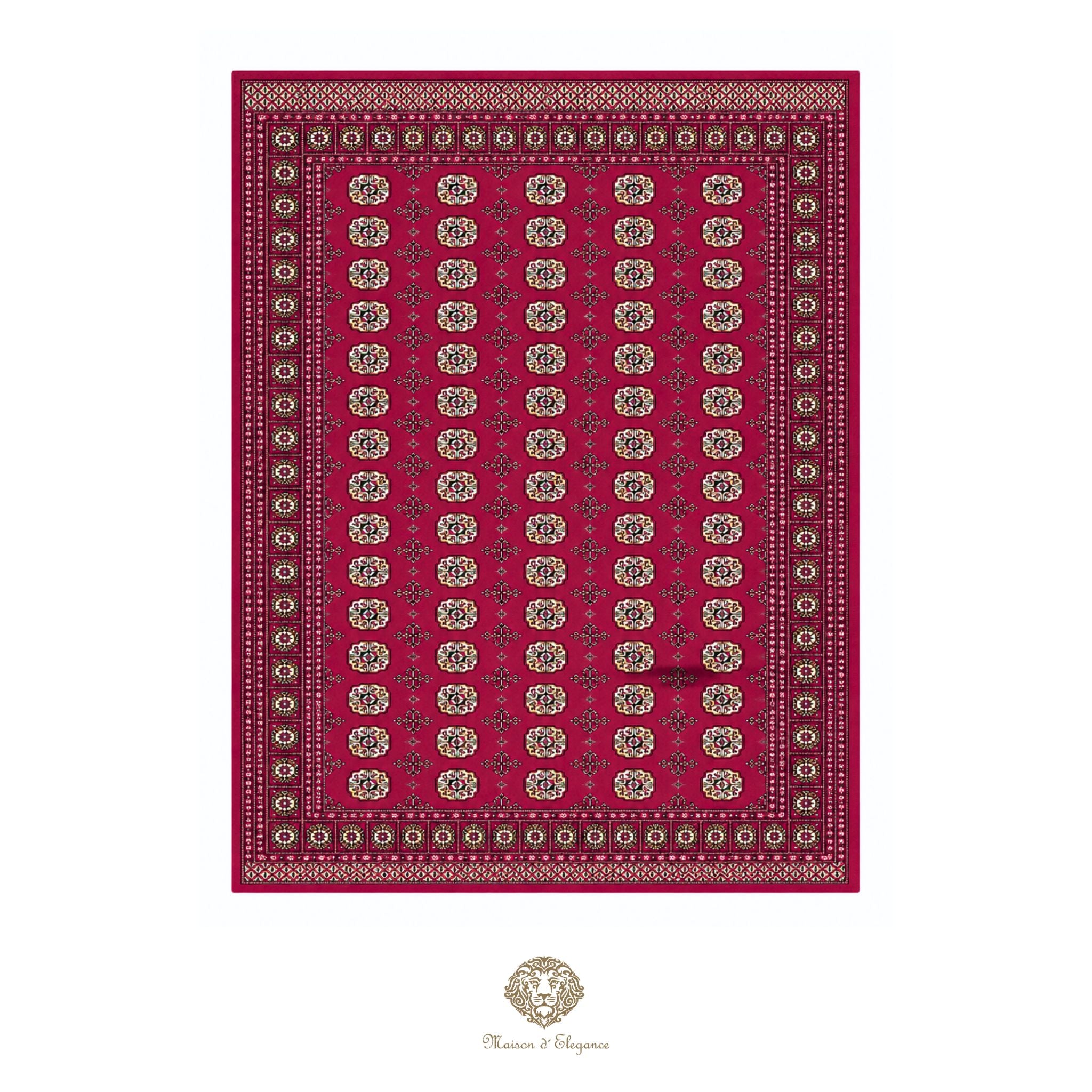 Red patterned rug with gold accents on a red background