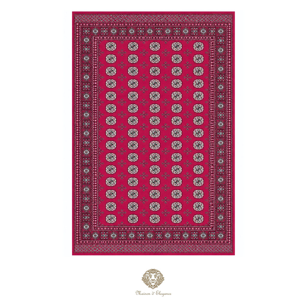 Red patterned rug with a decorative border on a red background