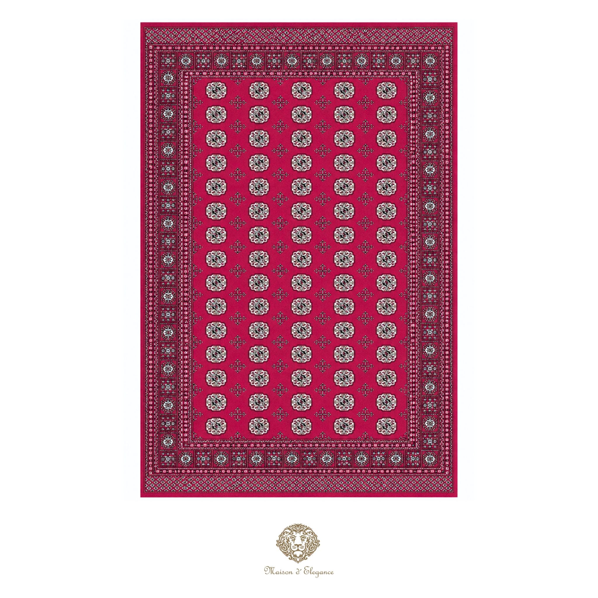 Red patterned rug with a decorative border on a red background