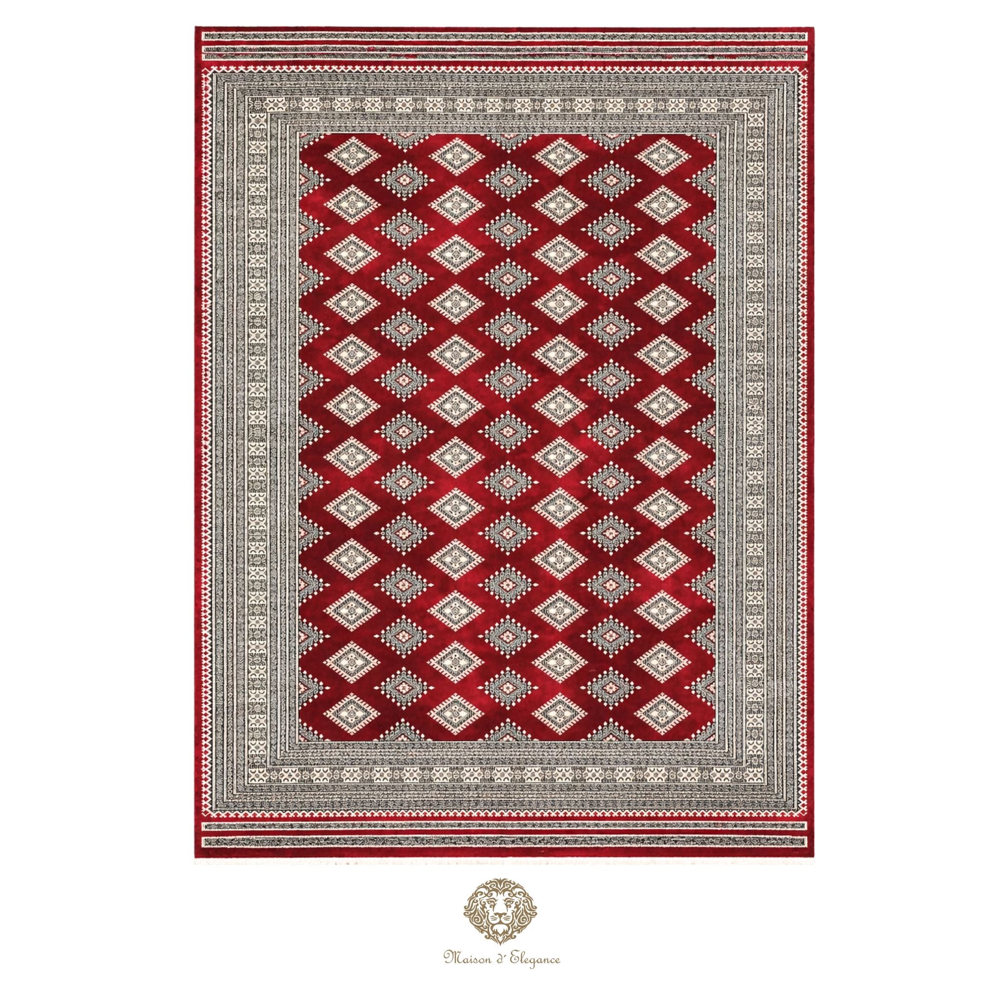 Red and gray patterned rug with a brand logo at the bottom center.