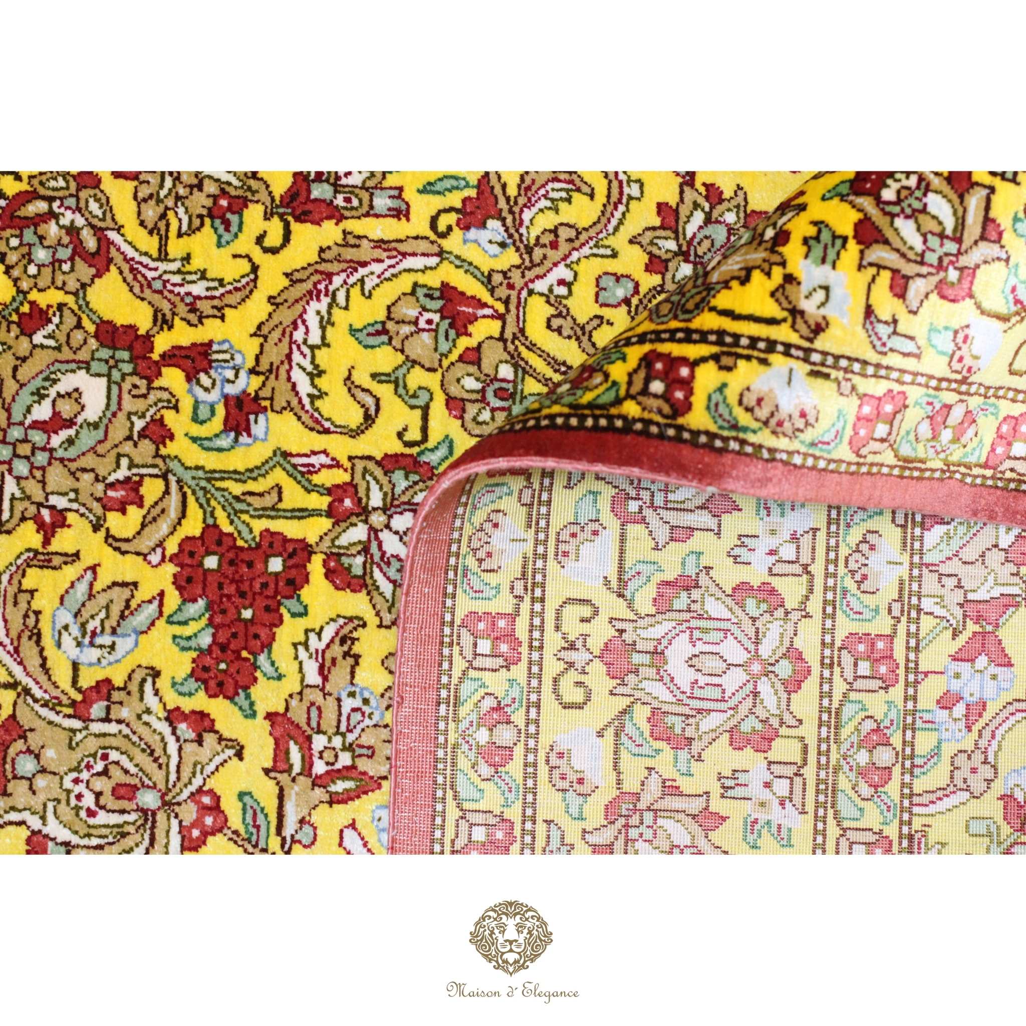 Decorative fabric with intricate patterns on a yellow background