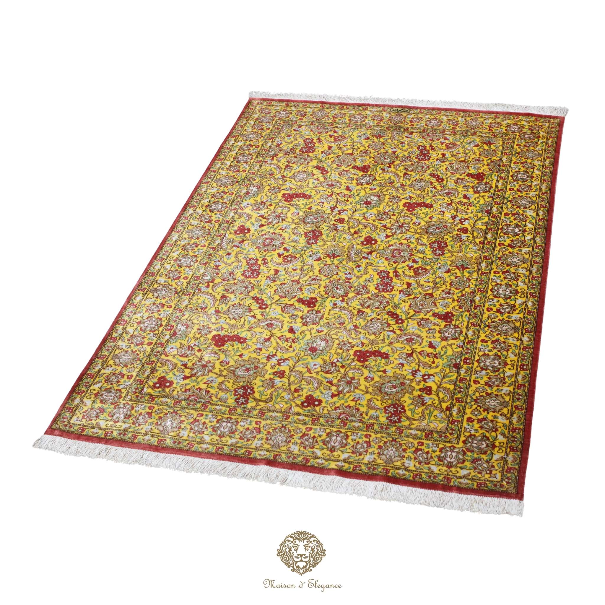 Decorative rug with intricate patterns on a gold background