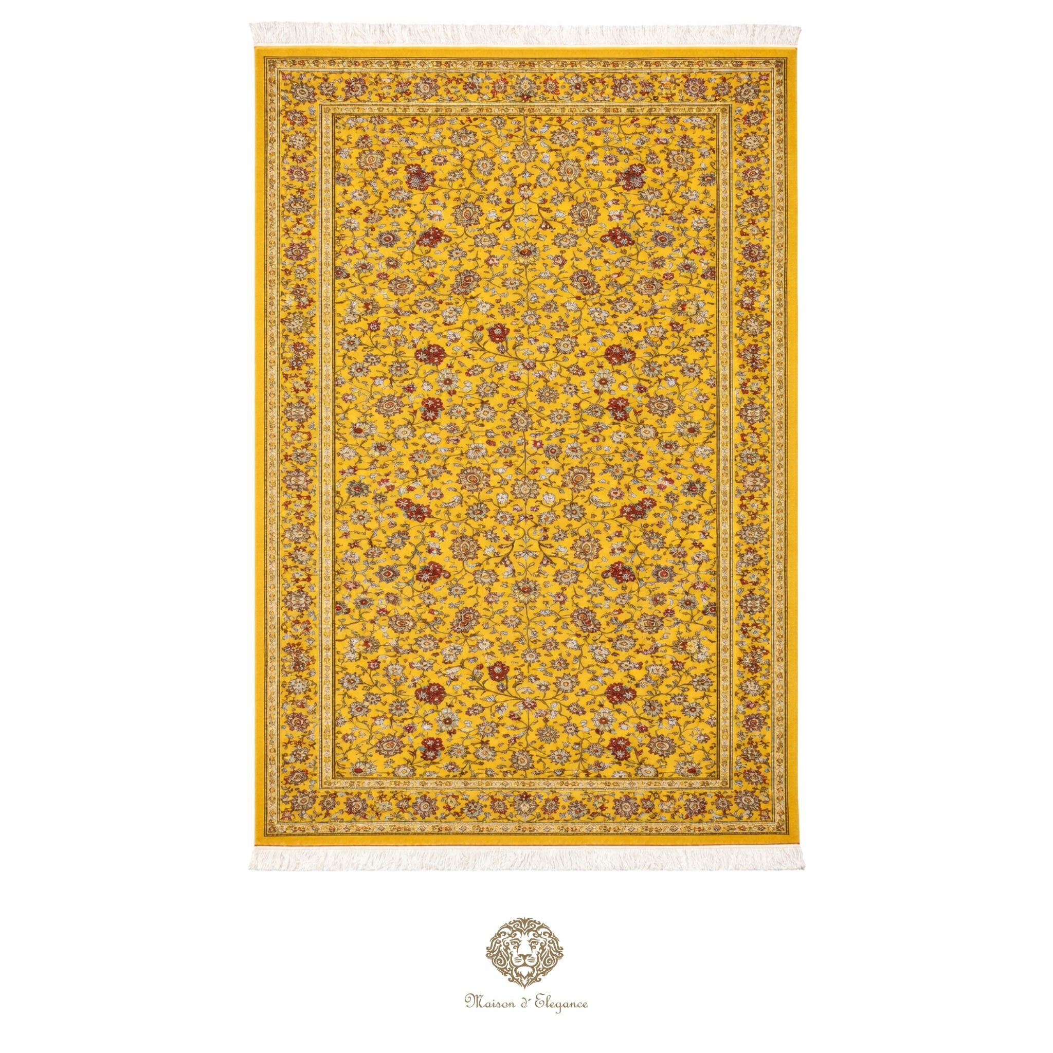 Yellow patterned rug with a brand logo at the bottom center on a gold background