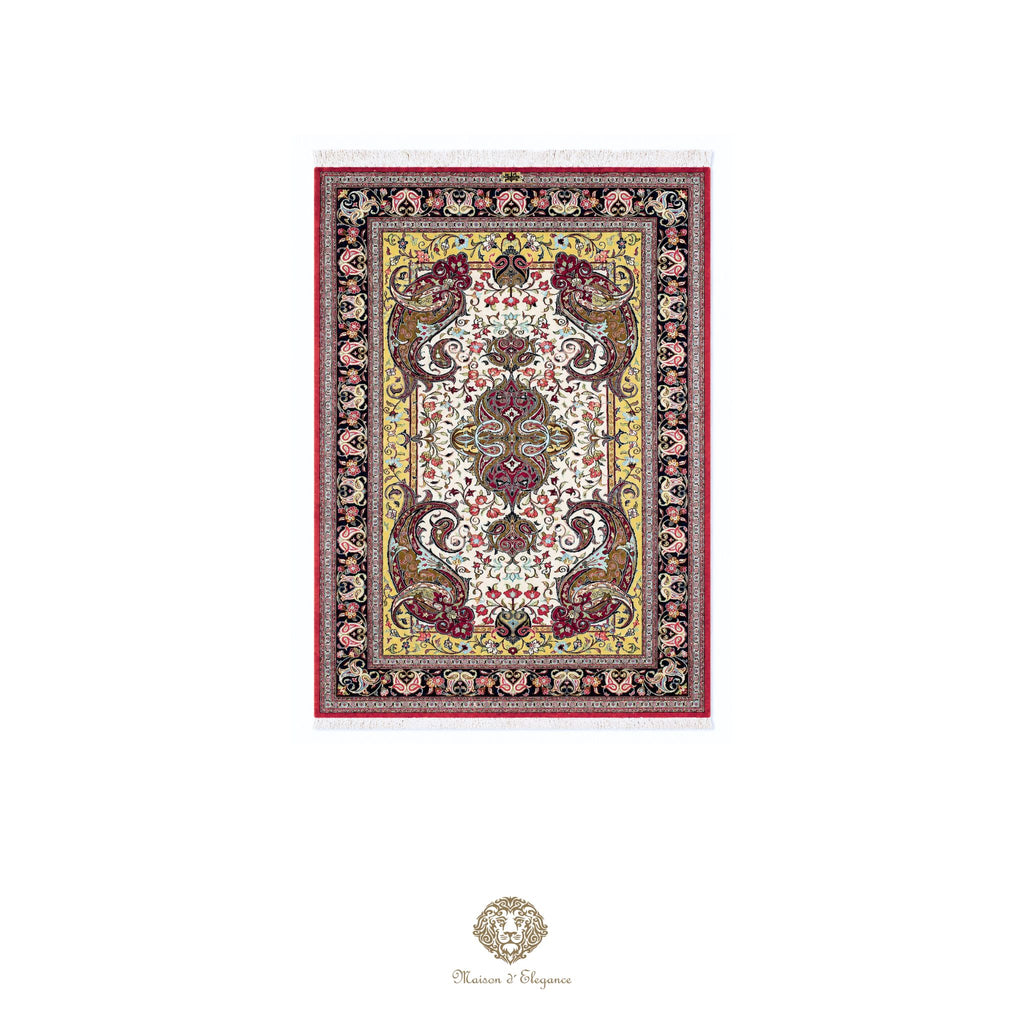 Decorative rug with intricate patterns on a white background