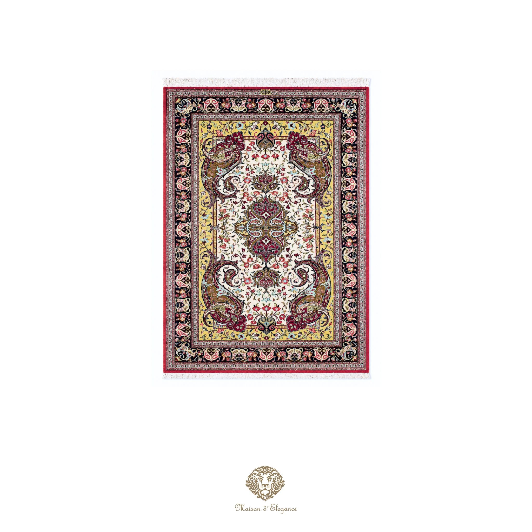 Decorative rug with intricate patterns on a white background
