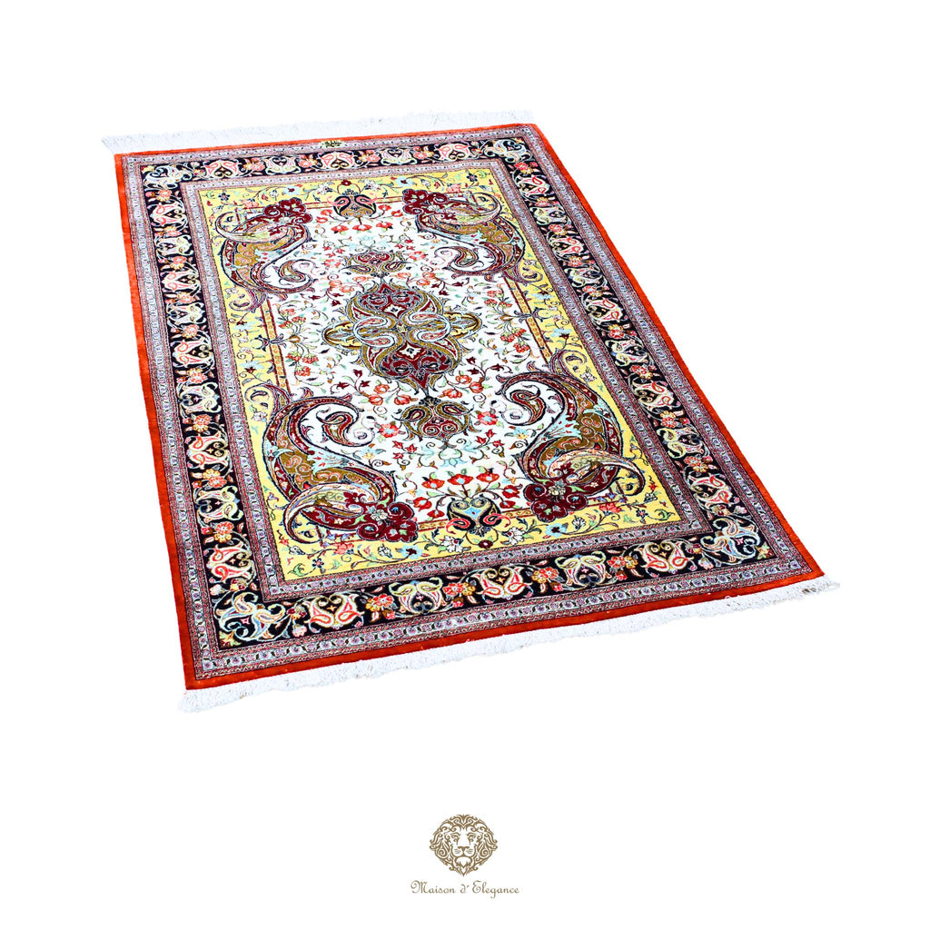 Decorative rug with intricate patterns on a white background