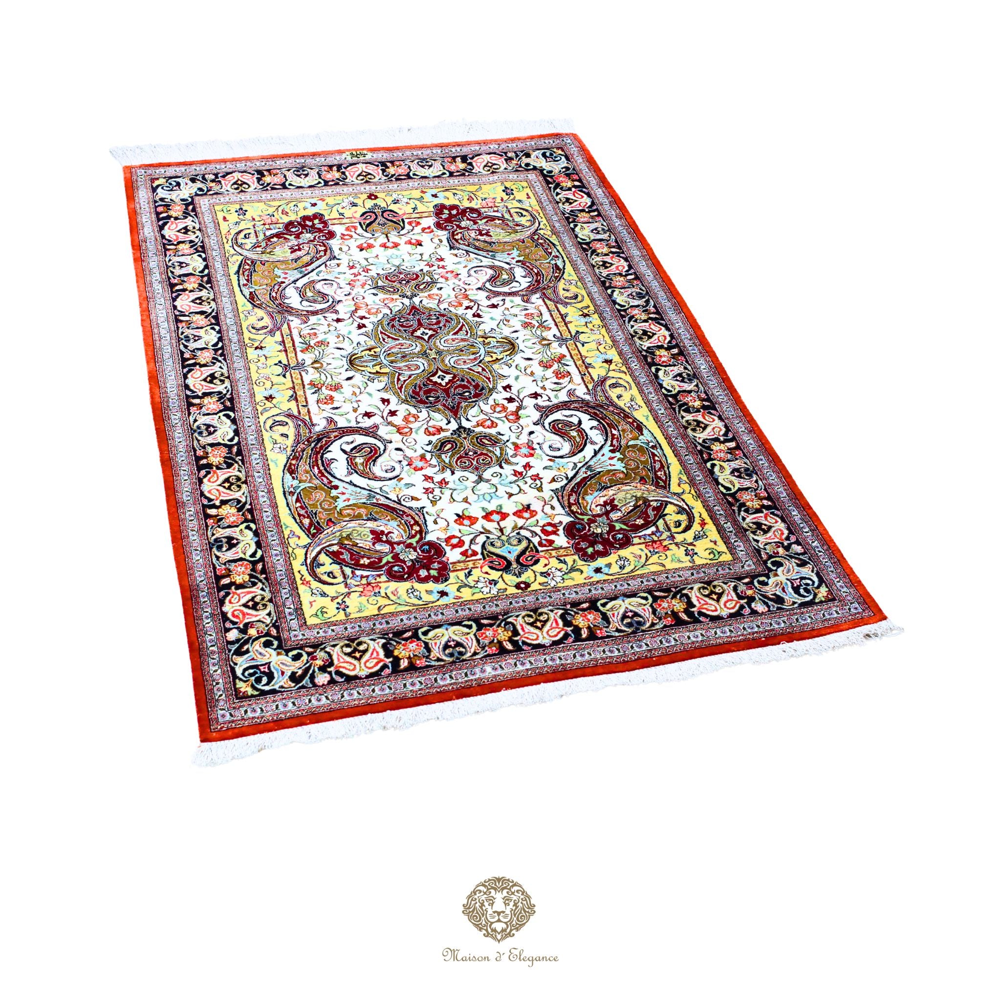 Decorative rug with intricate patterns on a white background