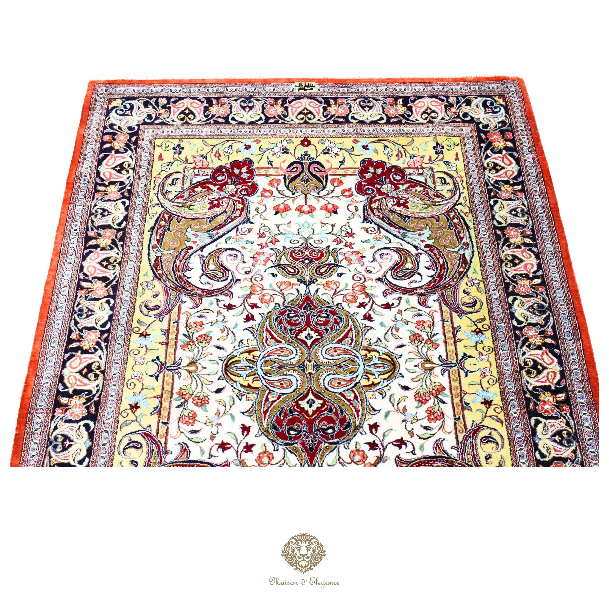 Decorative rug with intricate patterns on a white background
