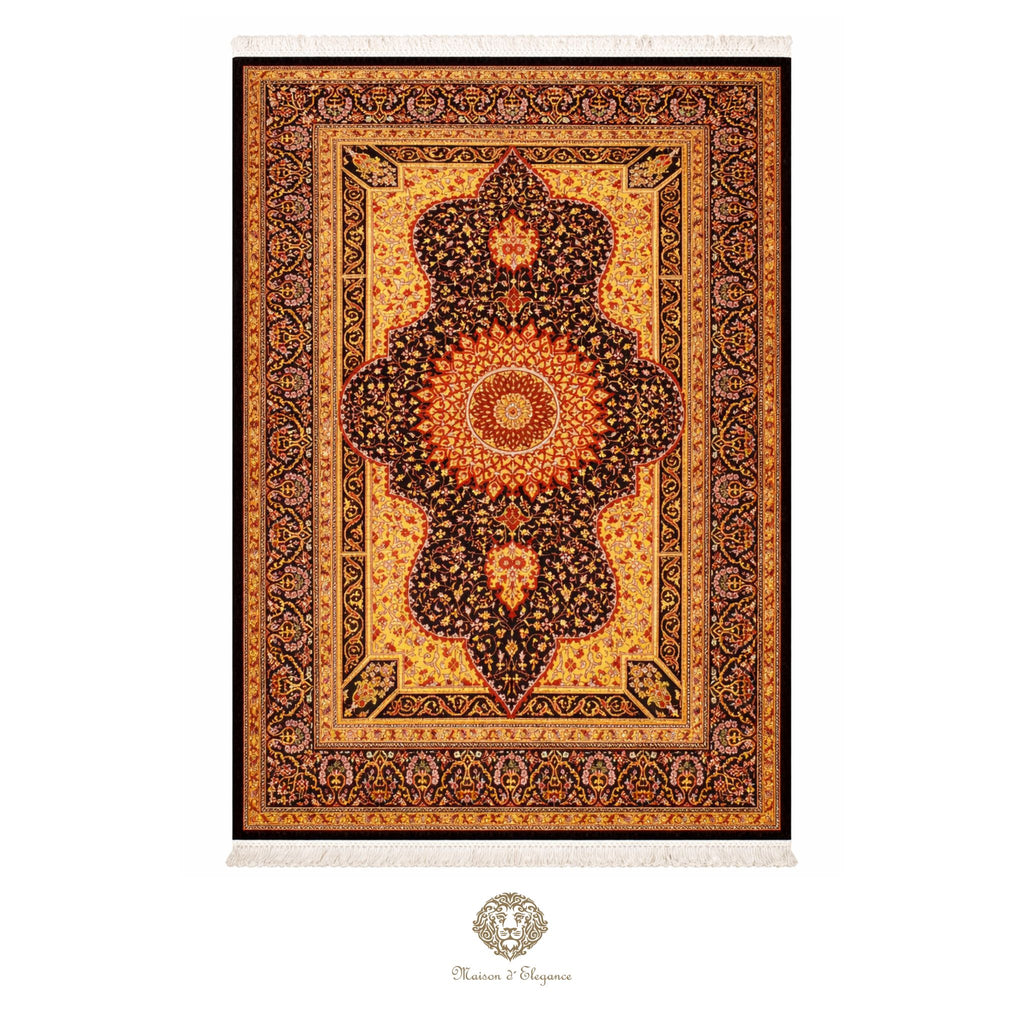 Decorative rug with intricate patterns on a black background